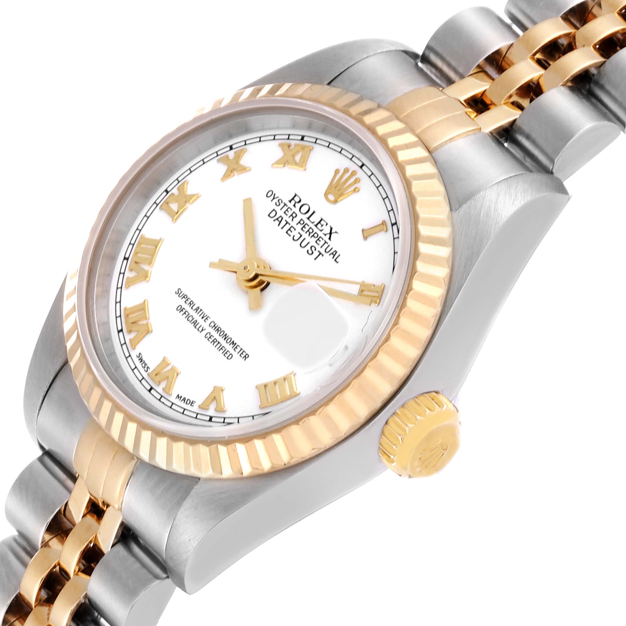 This image shows a Rolex Datejust 79173 Women's Steel and Gold (two tone) White Dial 79173 Women's Steel and Gold (two tone) White Dial watch at an angle highlighting its dial, bezel, crown, and part of the bracelet.