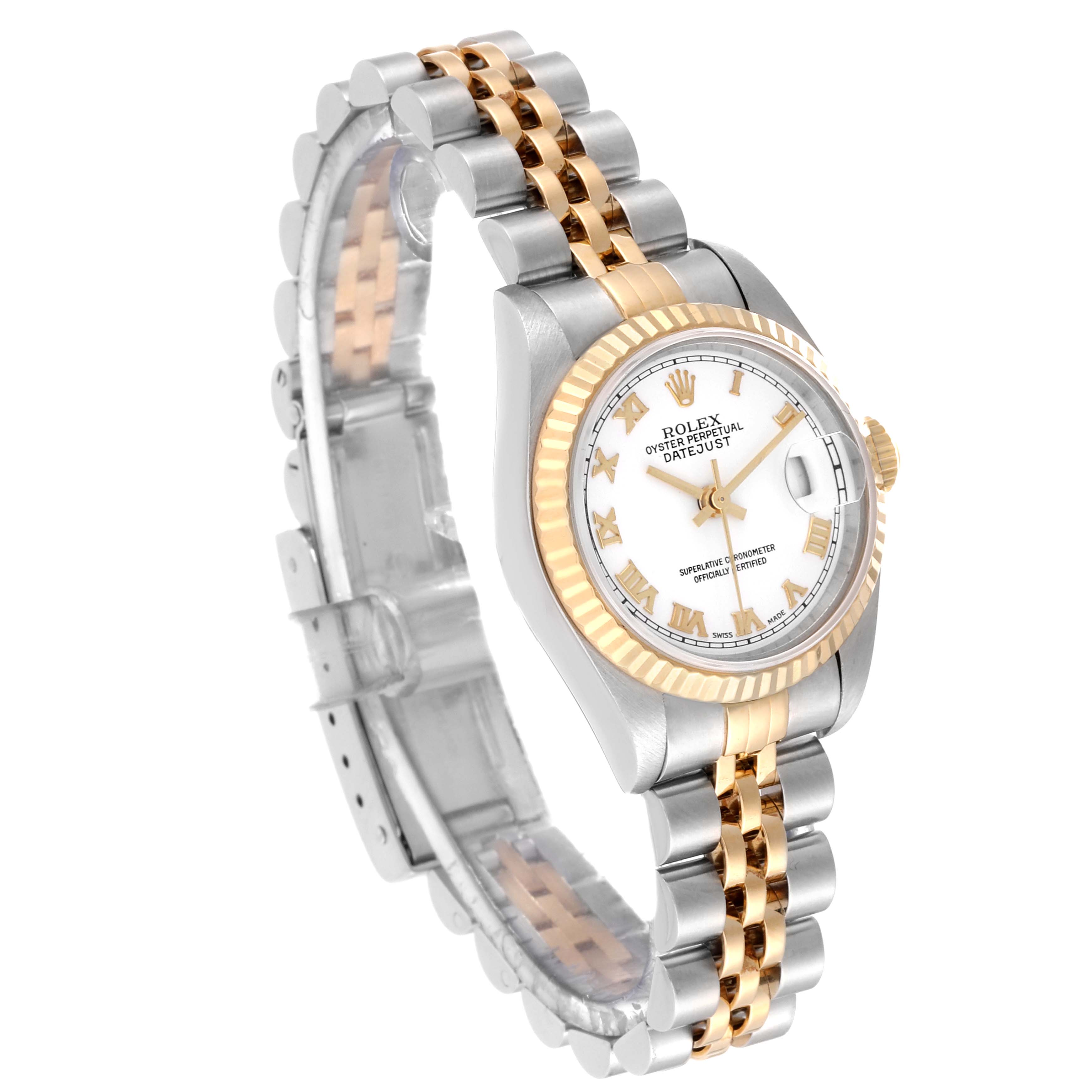 This image shows a Rolex Datejust 79173 Women's Steel and Gold (two tone) White Dial 79173 Women's Steel and Gold (two tone) White Dial watch at a three-quarter angle, displaying its two-tone bracelet, fluted bezel, and white dial.