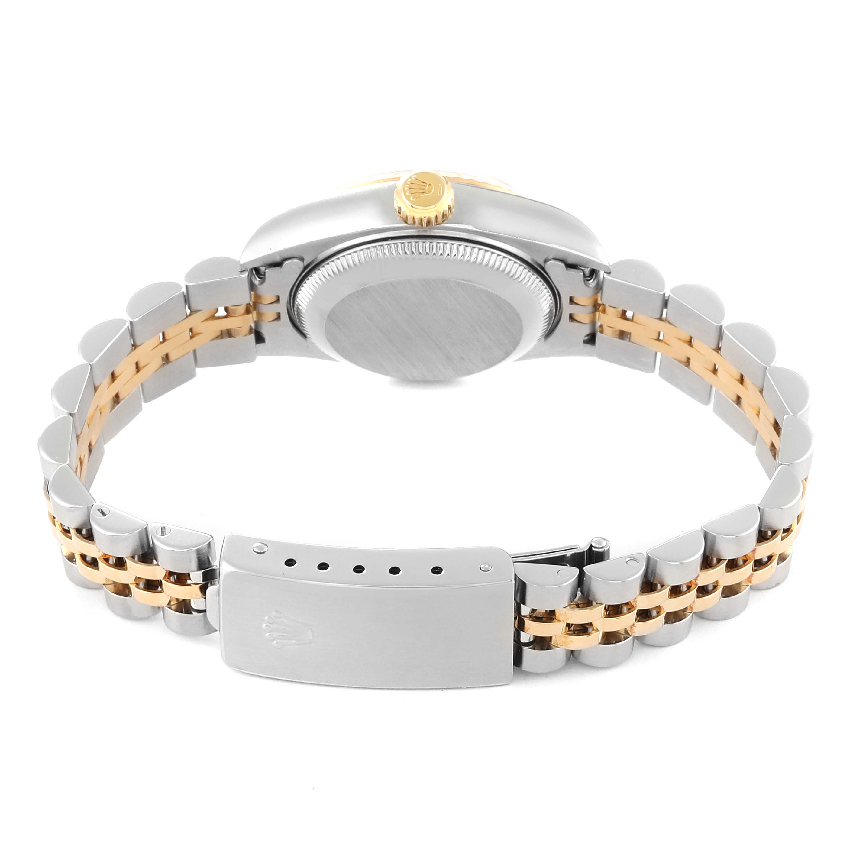 The image shows the back of a Rolex Datejust 79173 Women's Steel and Gold (two tone) White Dial 79173 Women's Steel and Gold (two tone) White Dial watch, highlighting the case back, crown, and two-tone bracelet with a clasp.