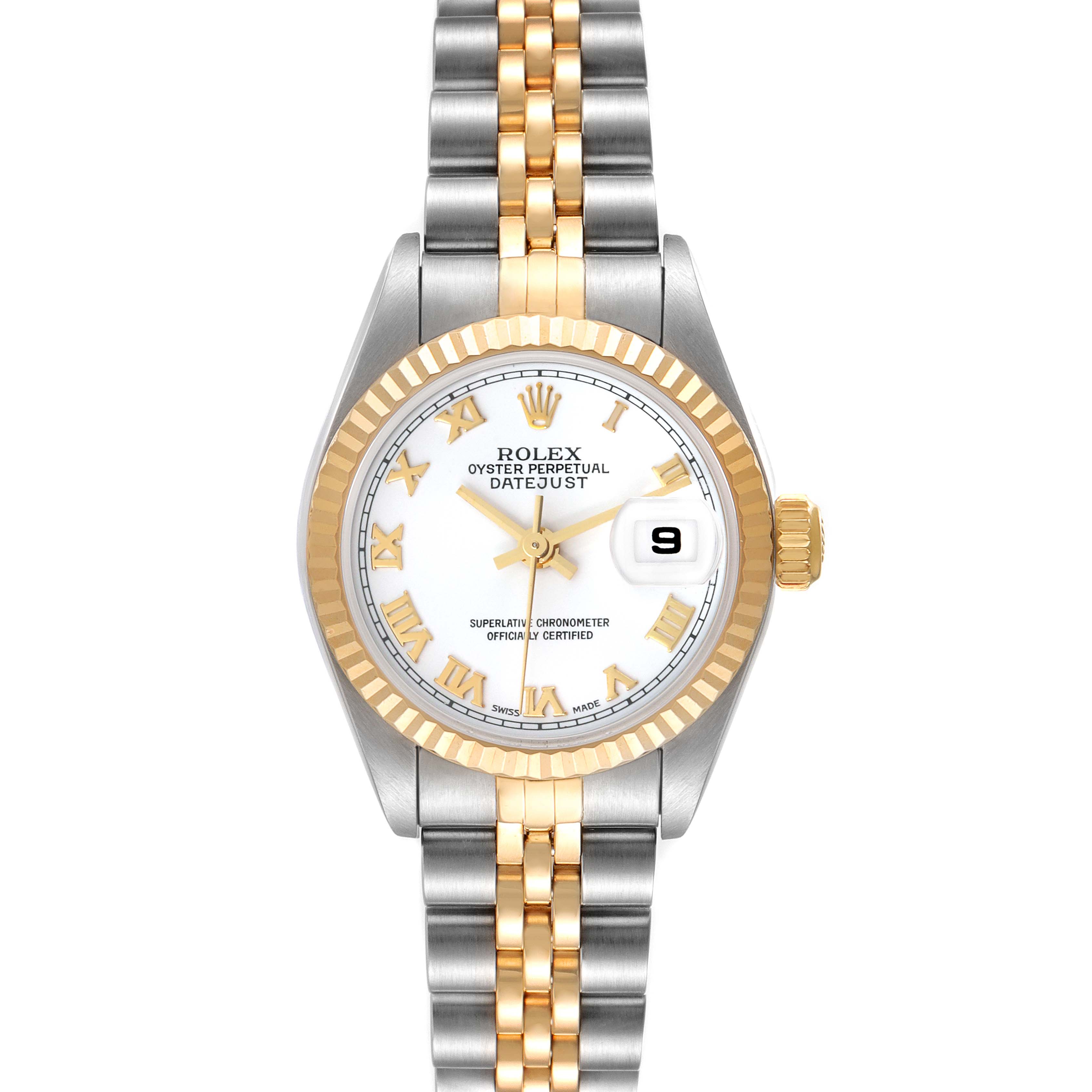 This image shows a frontal view of a Rolex Datejust 79173 Women's Steel and Gold (two tone) White Dial 79173 Women's Steel and Gold (two tone) White Dial watch, highlighting the face, bezel, and bracelet.