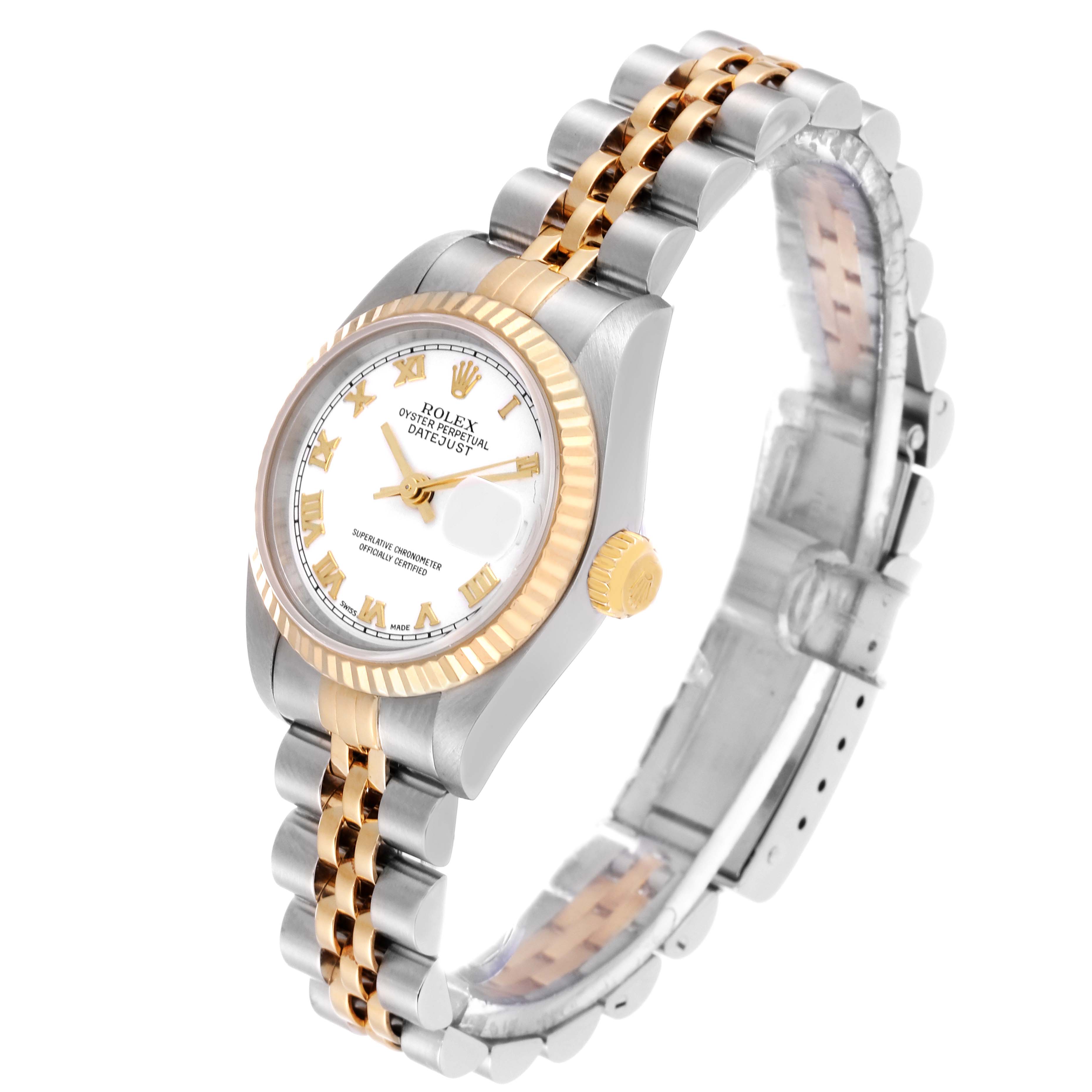 The Rolex Datejust 79173 Women's Steel and Gold (two tone) White Dial 79173 Women's Steel and Gold (two tone) White Dial watch is shown at a slight angle, displaying the dial, bezel, crown, and bracelet.
