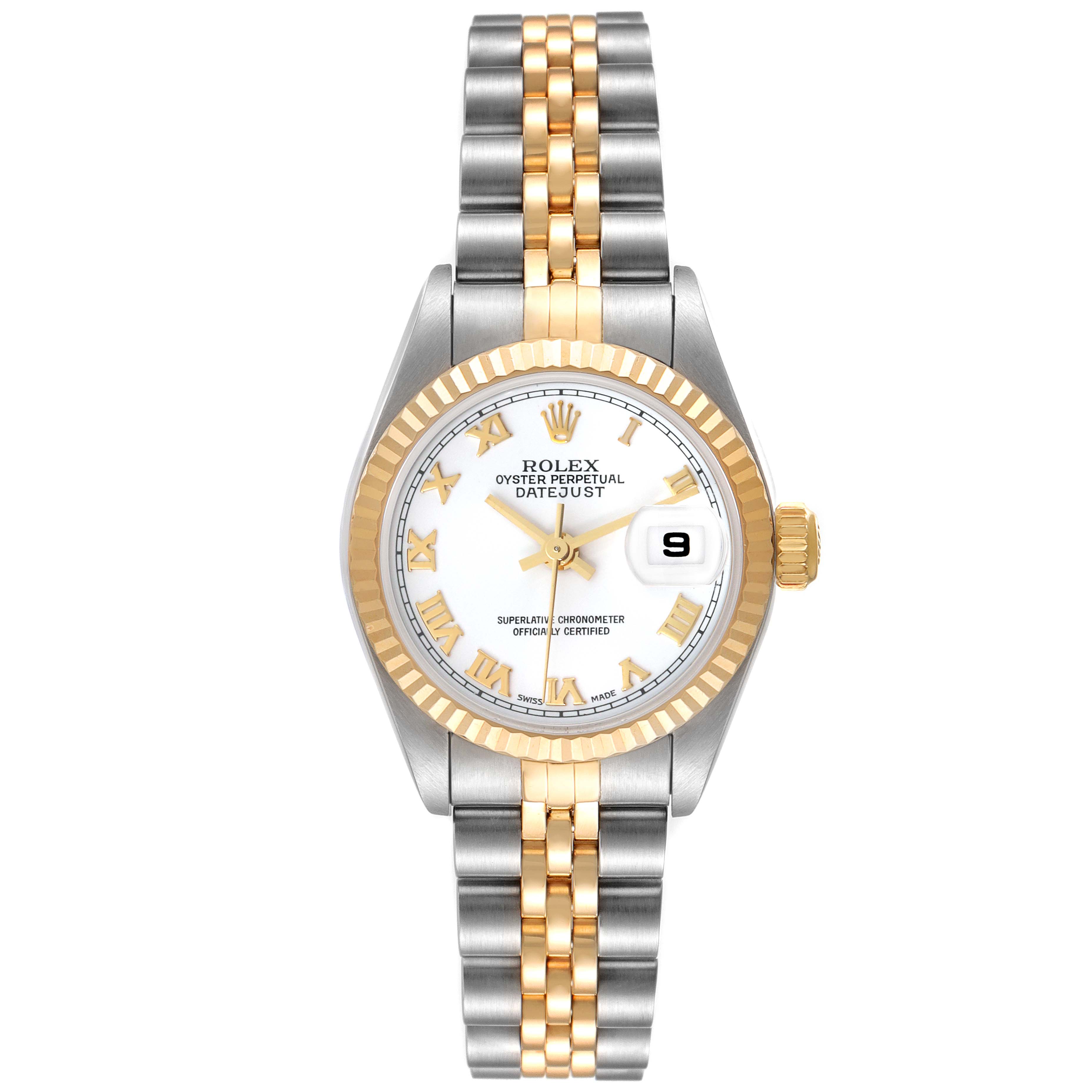 This is a front view of a Rolex Datejust 79173 Women's Steel and Gold (two tone) White Dial 79173 Women's Steel and Gold (two tone) White Dial watch, showing the dial, bezel, and the two-tone bracelet.