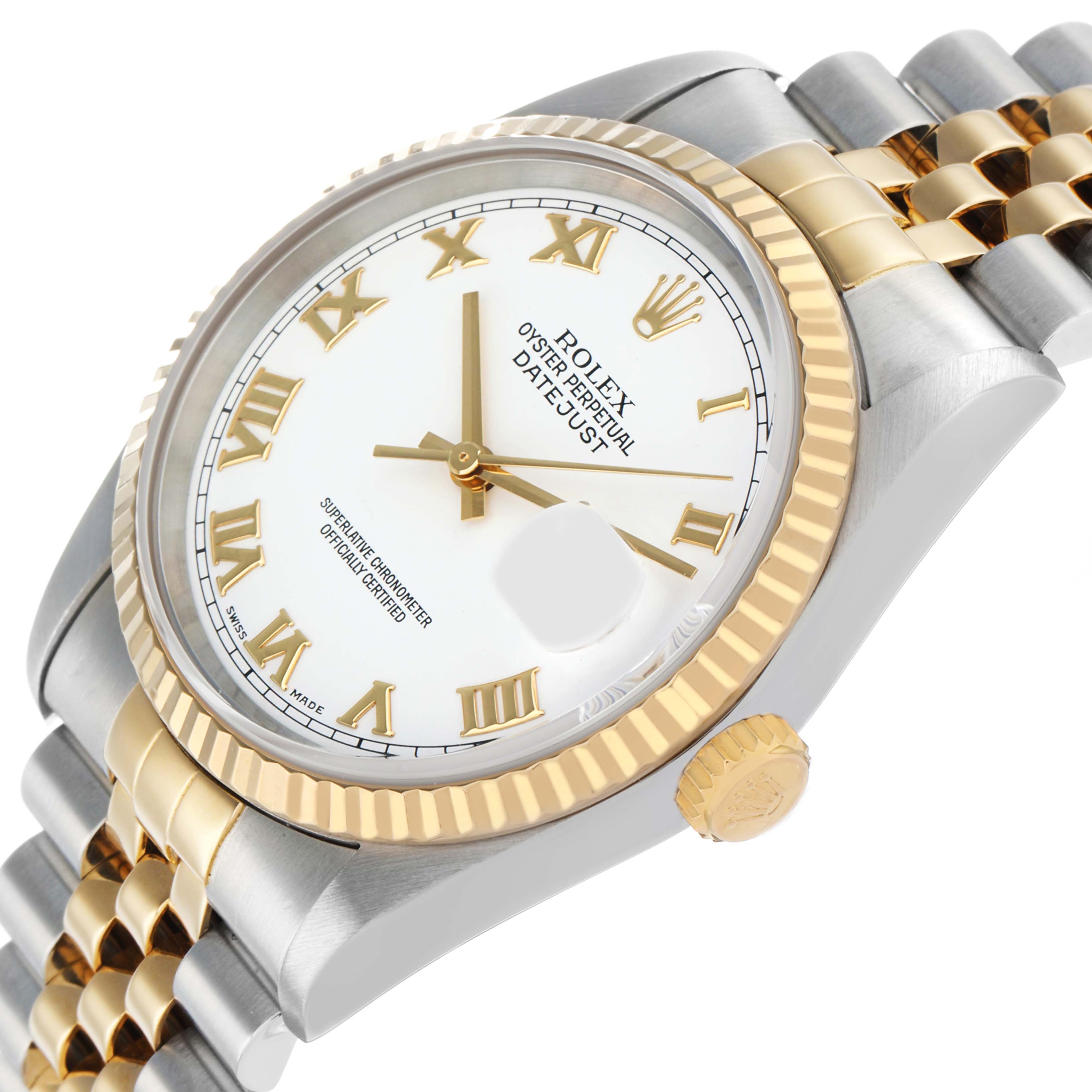 The Rolex Datejust 16233 Men's Steel and Gold (two tone) White Dial model is shown at an angle highlighting its gold fluted bezel, white dial with Roman numerals, and two-tone bracelet.