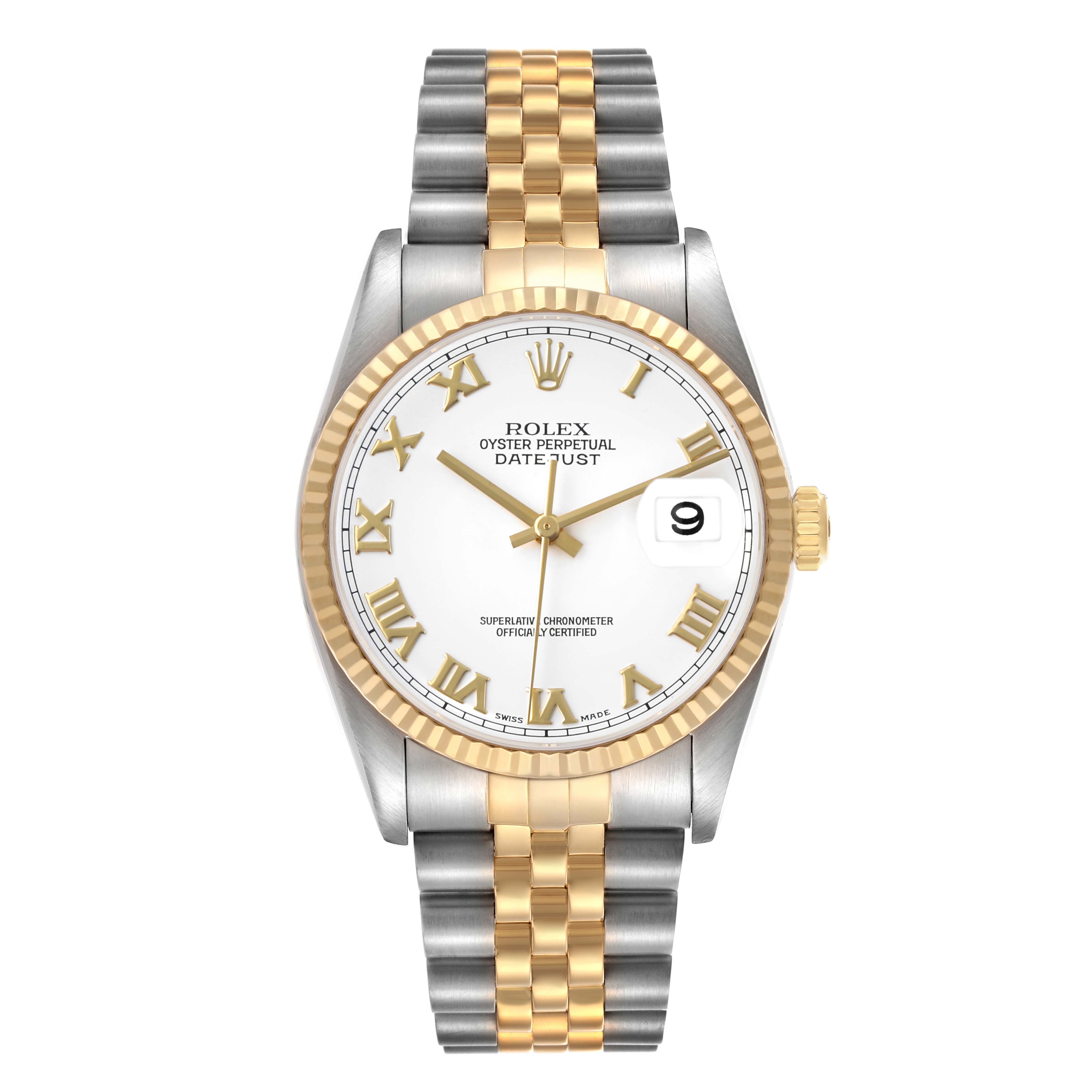 The Rolex Datejust 16233 Men's Steel and Gold (two tone) White Dial watch is shown from a front angle, highlighting its gold bezel, white dial, and two-tone bracelet.