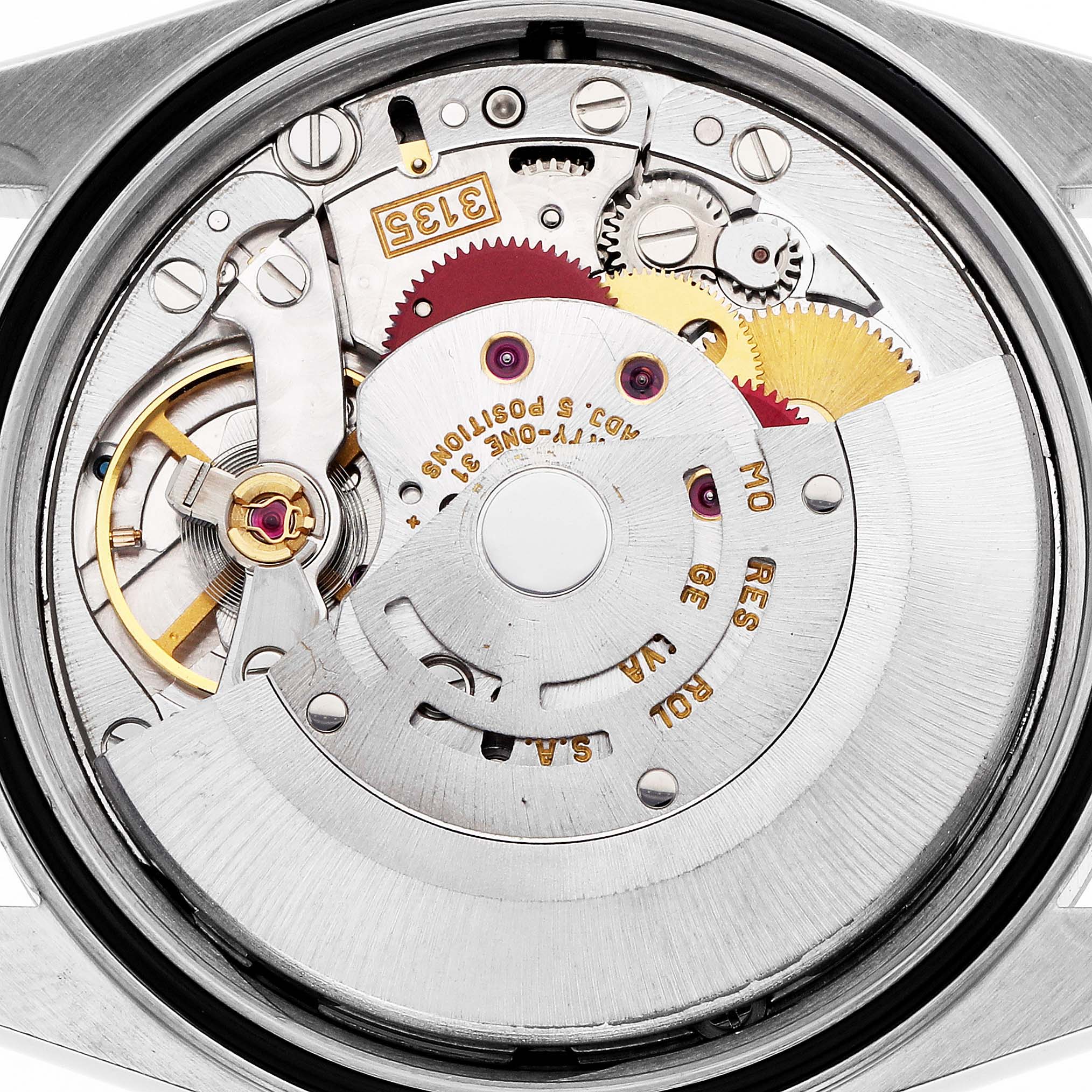 The image shows the movement of a Rolex Datejust 16233 Men's Steel and Gold (two tone) White Dial watch from a top-down angle, highlighting gears and components.