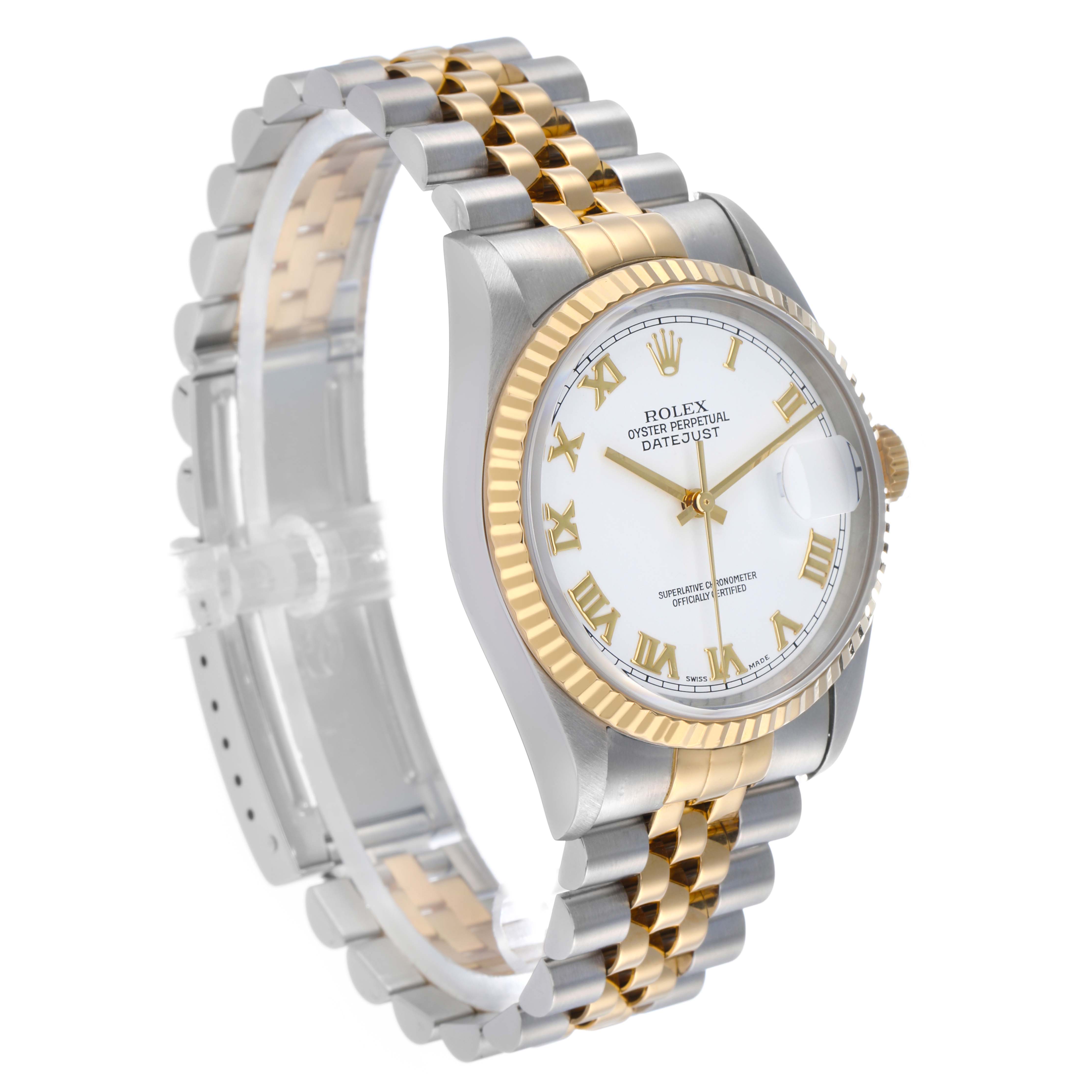 The Rolex Datejust 16233 Men's Steel and Gold (two tone) White Dial watch is shown at an angle displaying the face, bezel, and a portion of the bracelet.