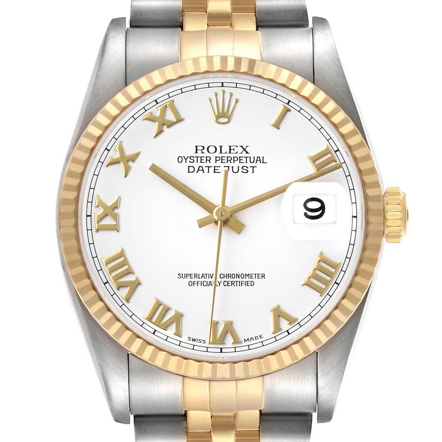 The Rolex Datejust 16233 Men's Steel and Gold (two tone) White Dial watch is shown from the front, displaying the dial, bezel, crown, and partial Jubilee bracelet.