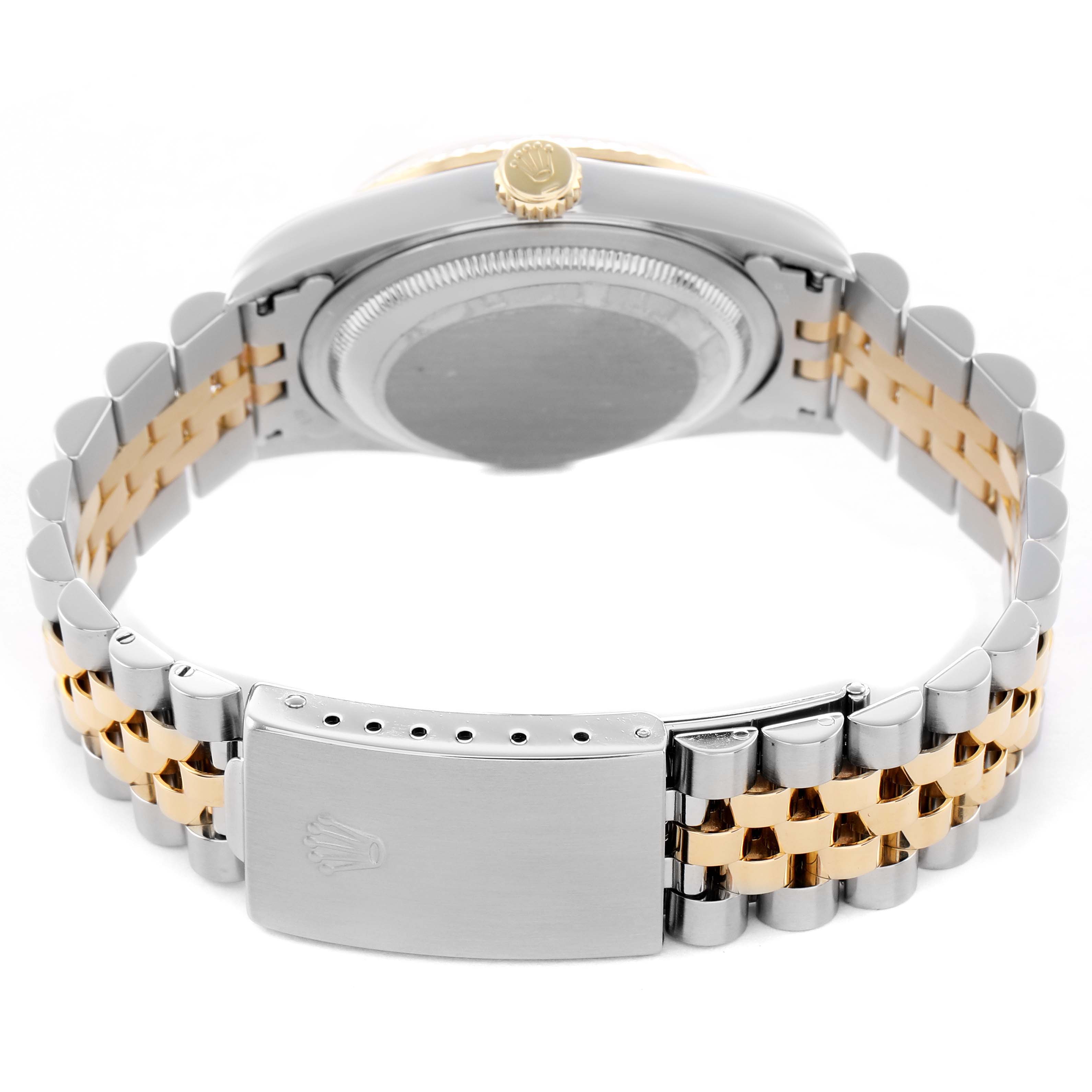 The image shows the back and side profile of a Rolex Datejust 16233 Men's Steel and Gold (two tone) White Dial watch, highlighting the two-tone bracelet and clasp.