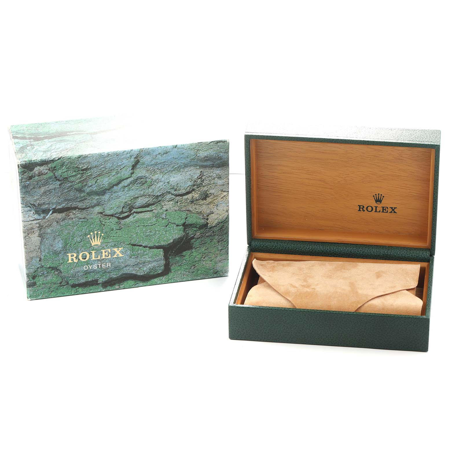 The image shows a Rolex Datejust 16233 Men's Steel and Gold (two tone) White Dial packaging with an open green case and leather pouch alongside a textured outer box.