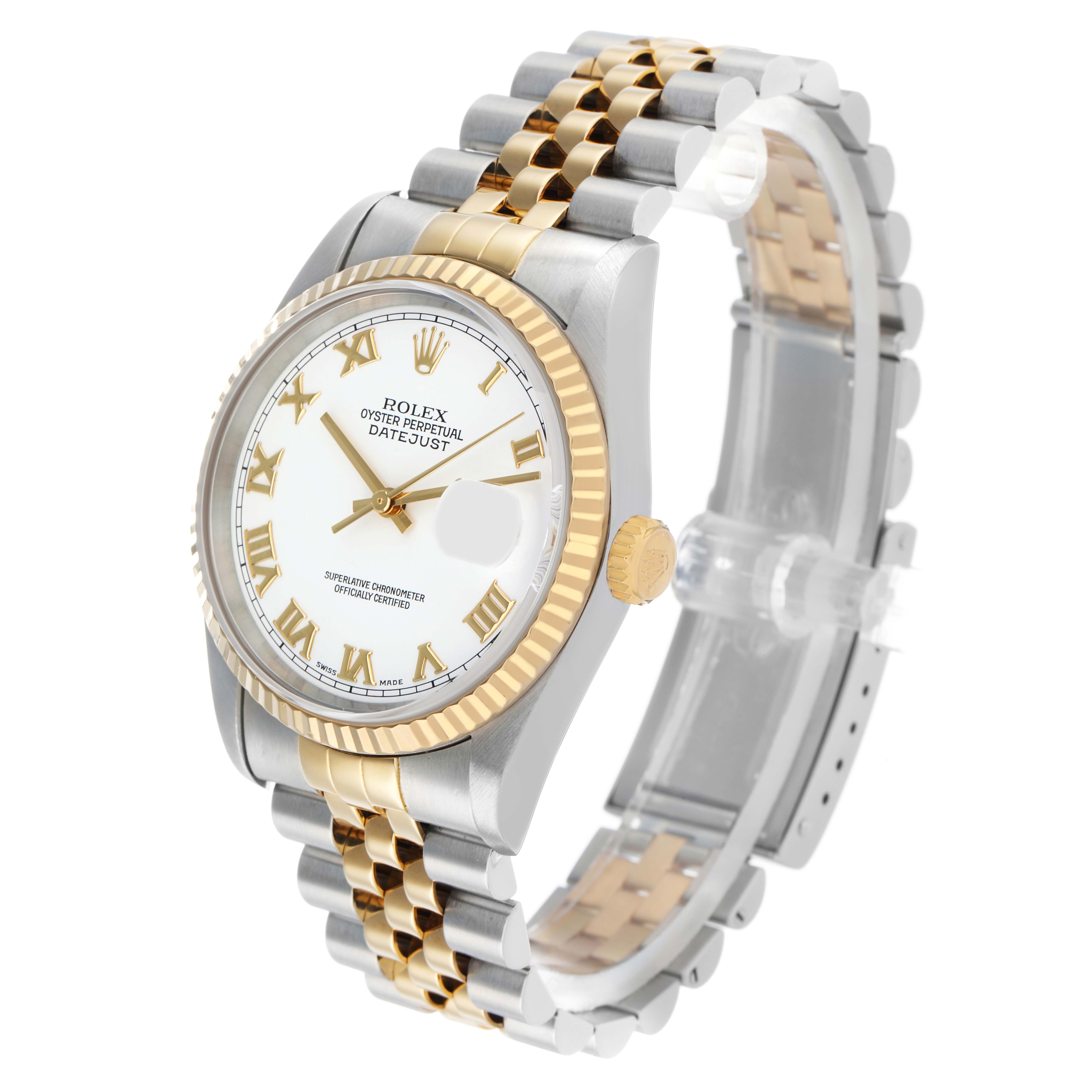 The Rolex Datejust 16233 Men's Steel and Gold (two tone) White Dial watch is angled showing its face, bezel, crown, and bracelet, highlighting the two-tone Jubilee band.