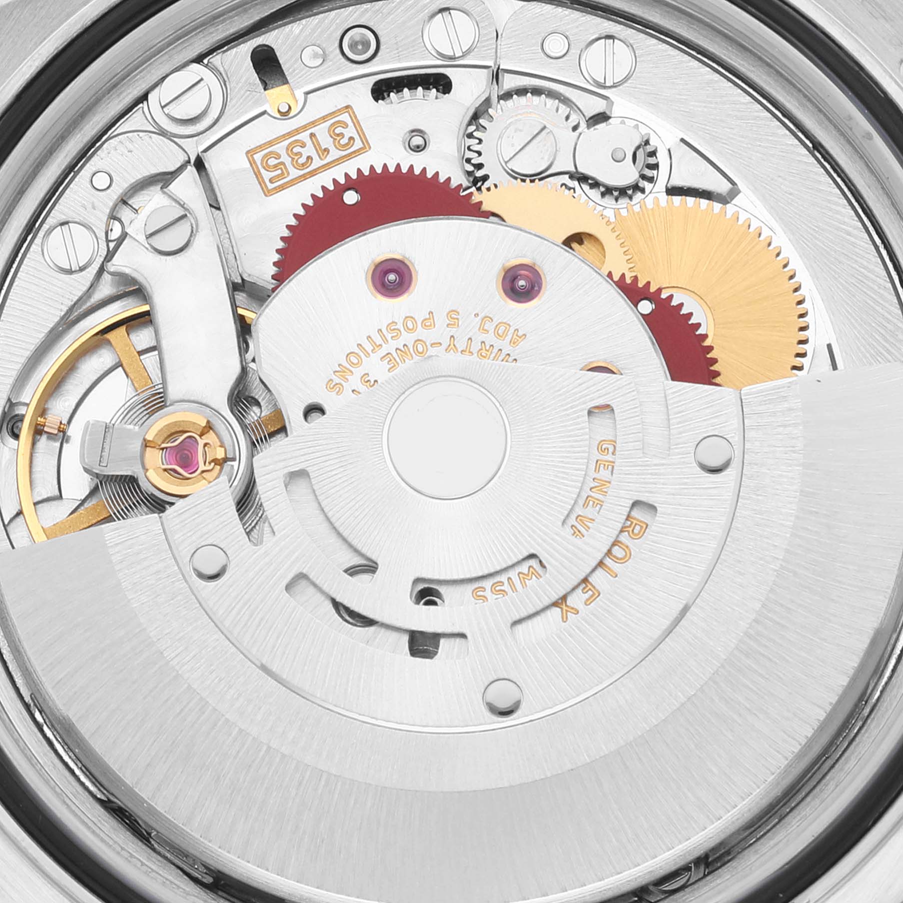 This image shows the movement mechanism of a Rolex Datejust 16233 Men's Steel and Gold (two tone) White Dial 16233 Men's Steel and Gold (two tone) White Dial watch at a close-up angle.