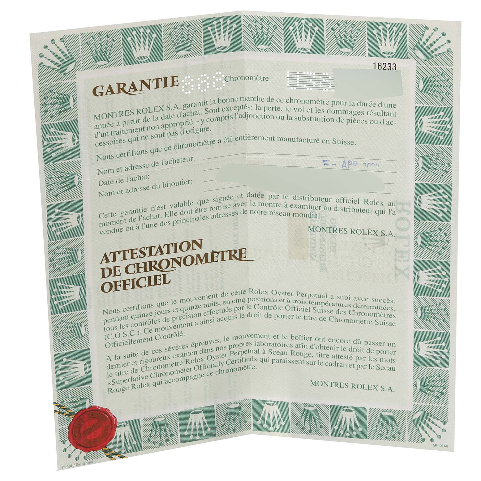 The image shows a warranty and chronometer certification for a Rolex Datejust 16233 Men's Steel and Gold (two tone) White Dial 16233 Men's Steel and Gold (two tone) White Dial watch.