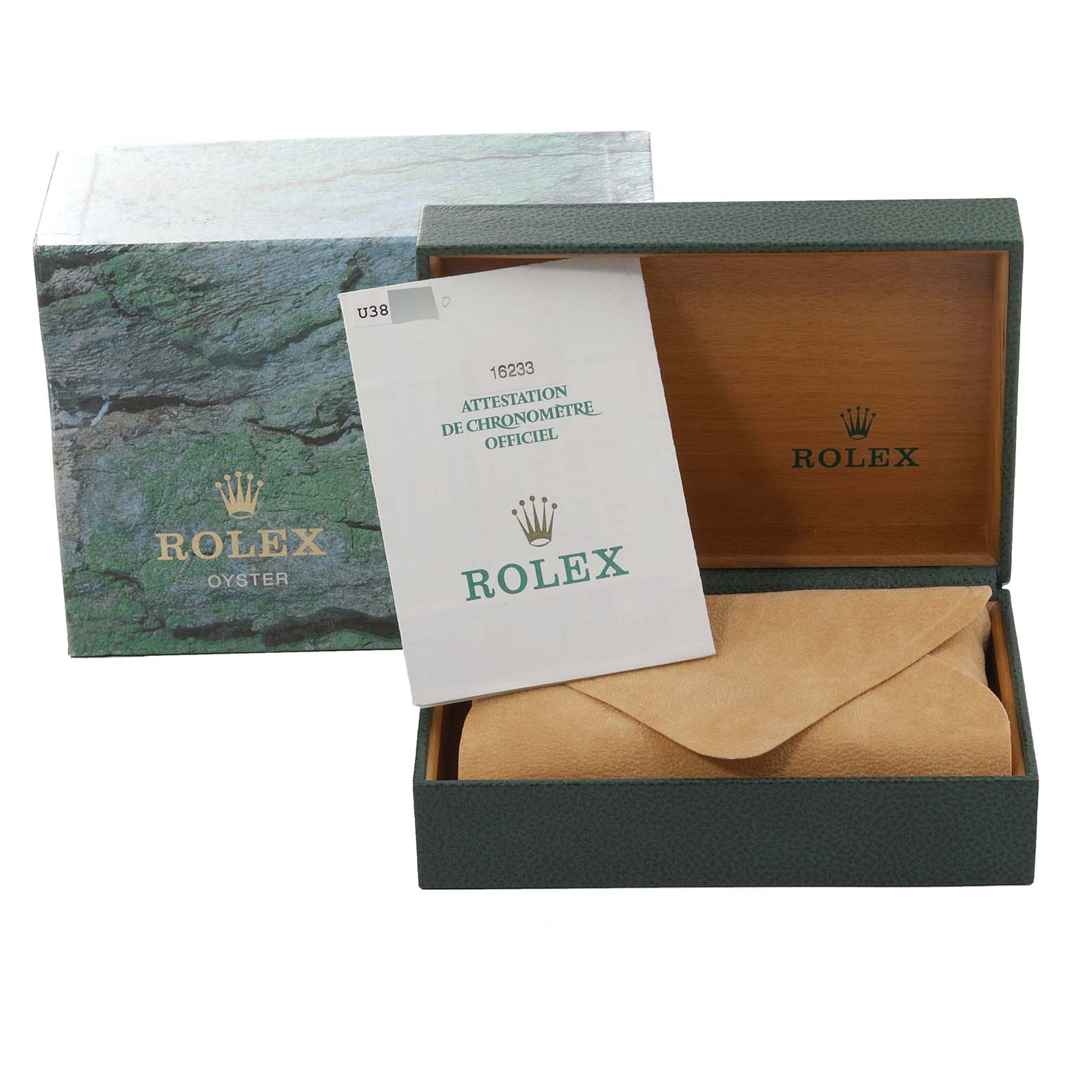 The image shows the Rolex Datejust 16233 Men's Steel and Gold (two tone) White Dial 16233 Men's Steel and Gold (two tone) White Dial watch box, with the outer and inner boxes, and certification papers.
