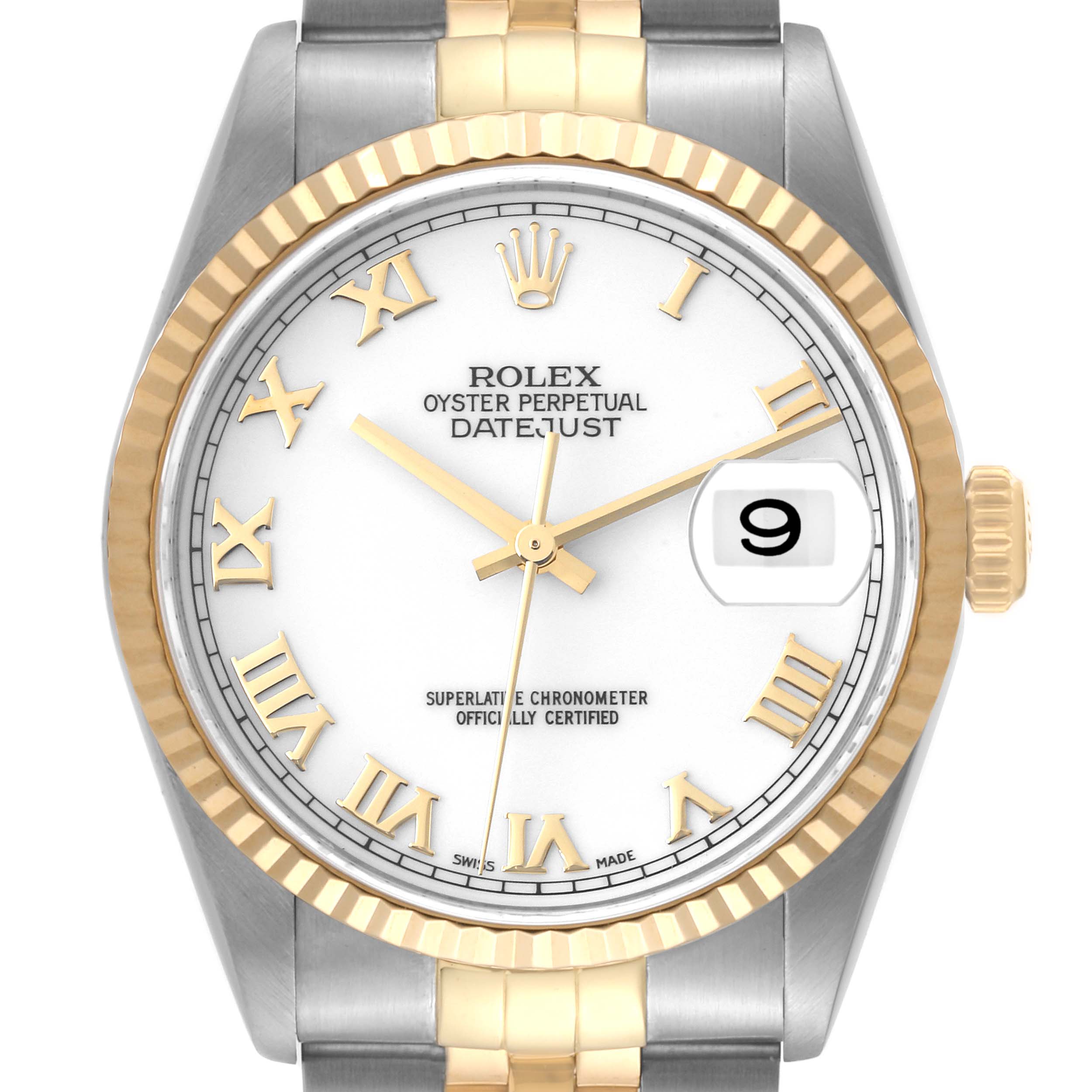 This image shows a frontal view of the Rolex Datejust 16233 Men's Steel and Gold (two tone) White Dial 16233 Men's Steel and Gold (two tone) White Dial watch, featuring its dial, bezel, and part of the bracelet.