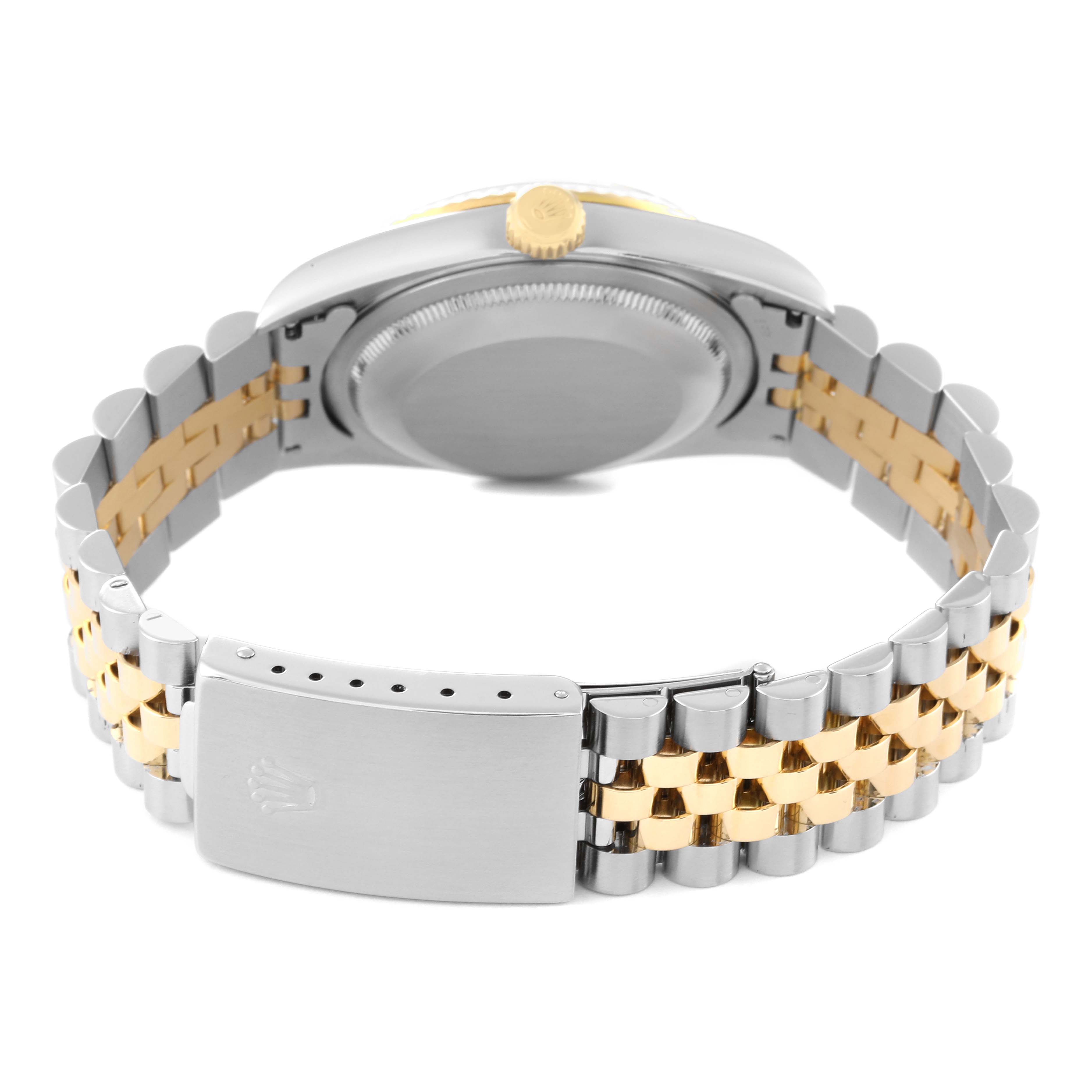 The image shows the back view of a Rolex Datejust 16233 Men's Steel and Gold (two tone) White Dial 16233 Men's Steel and Gold (two tone) White Dial, featuring the case back and Oyster bracelet with a two-tone design and clasp.