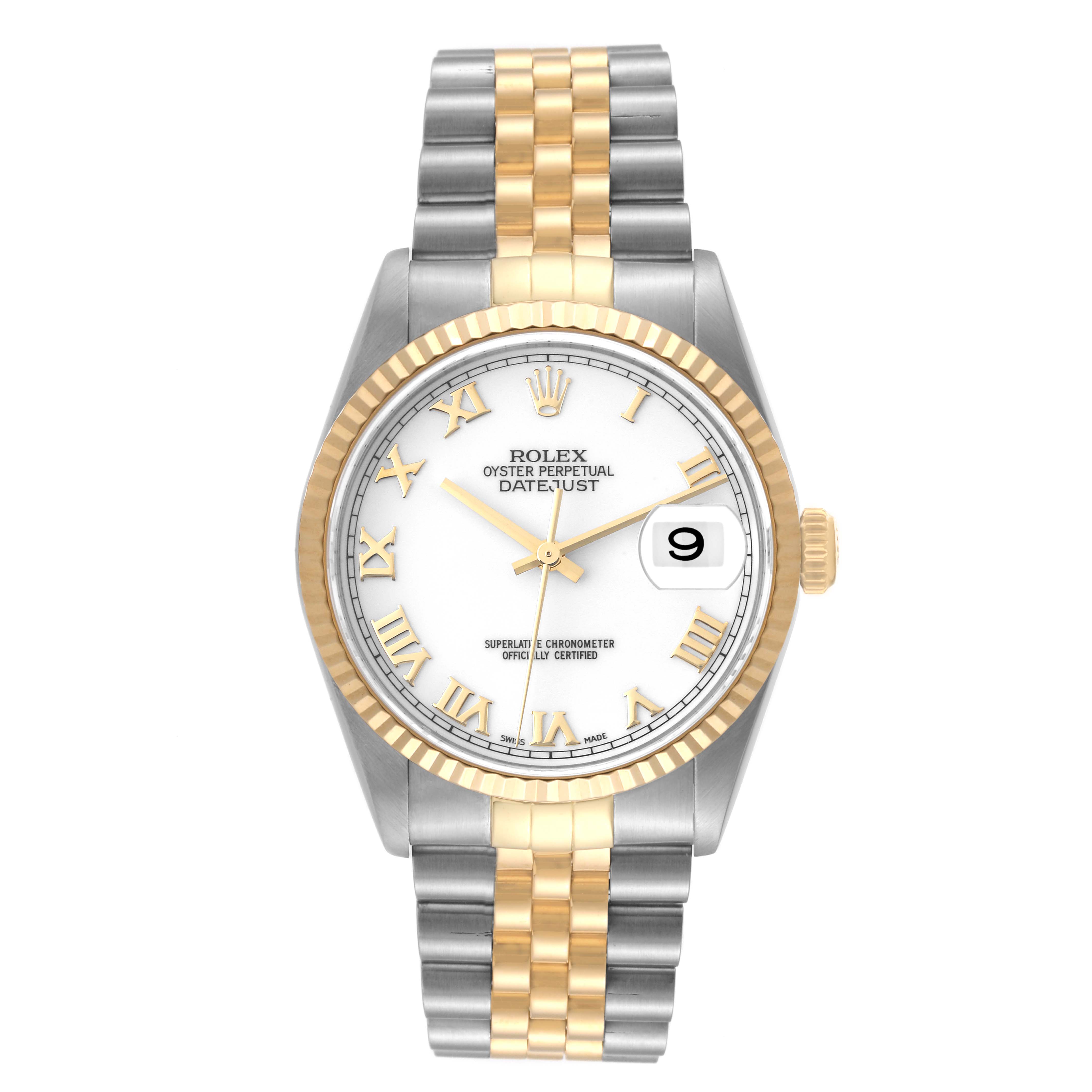 The Rolex Datejust 16233 Men's Steel and Gold (two tone) White Dial 16233 Men's Steel and Gold (two tone) White Dial watch is shown from a front angle, featuring a white dial, gold Roman numerals, and a two-tone bracelet.