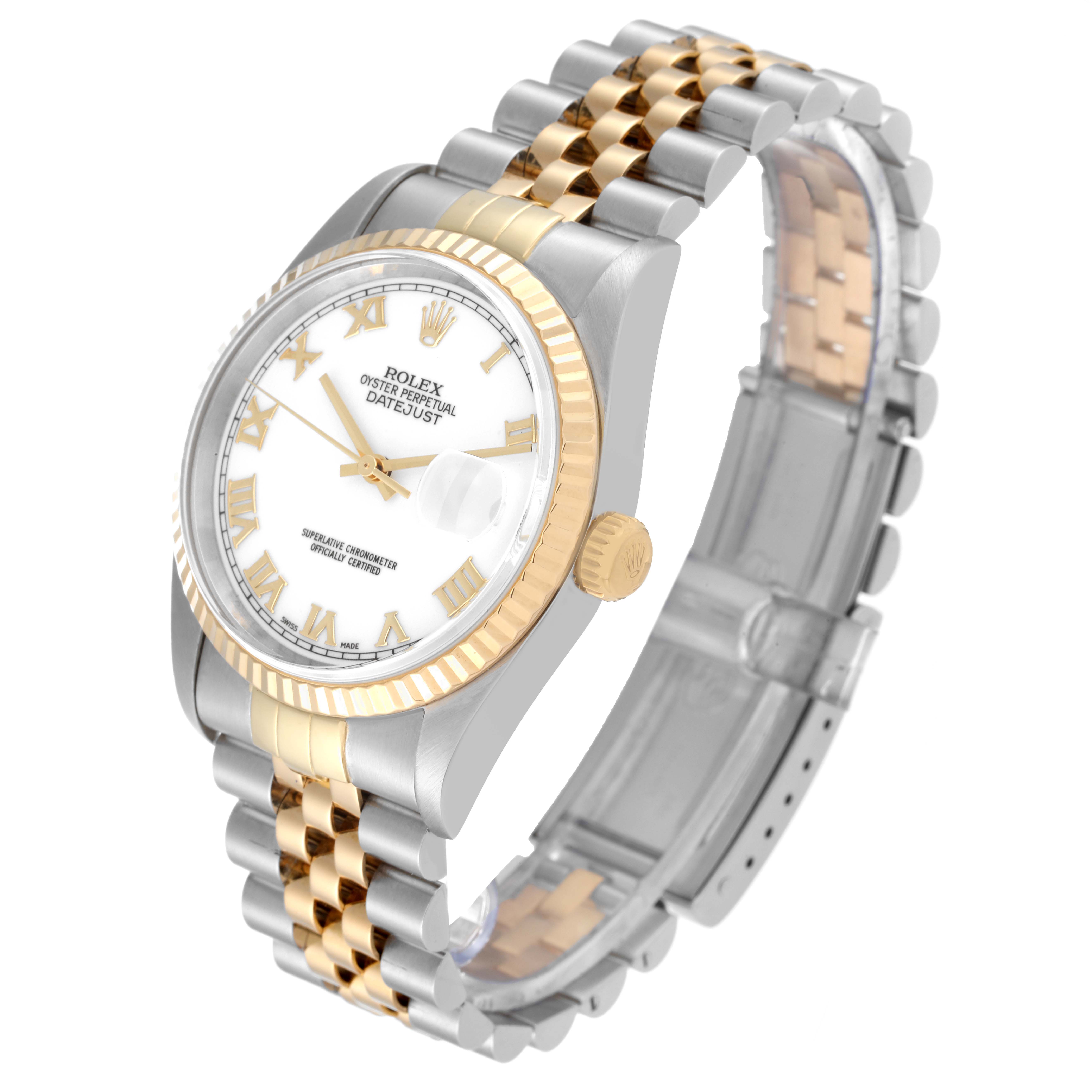 This image shows a Rolex Datejust 16233 Men's Steel and Gold (two tone) White Dial 16233 Men's Steel and Gold (two tone) White Dial watch from a three-quarter angle, highlighting its dial, bezel, crown, and bracelet.