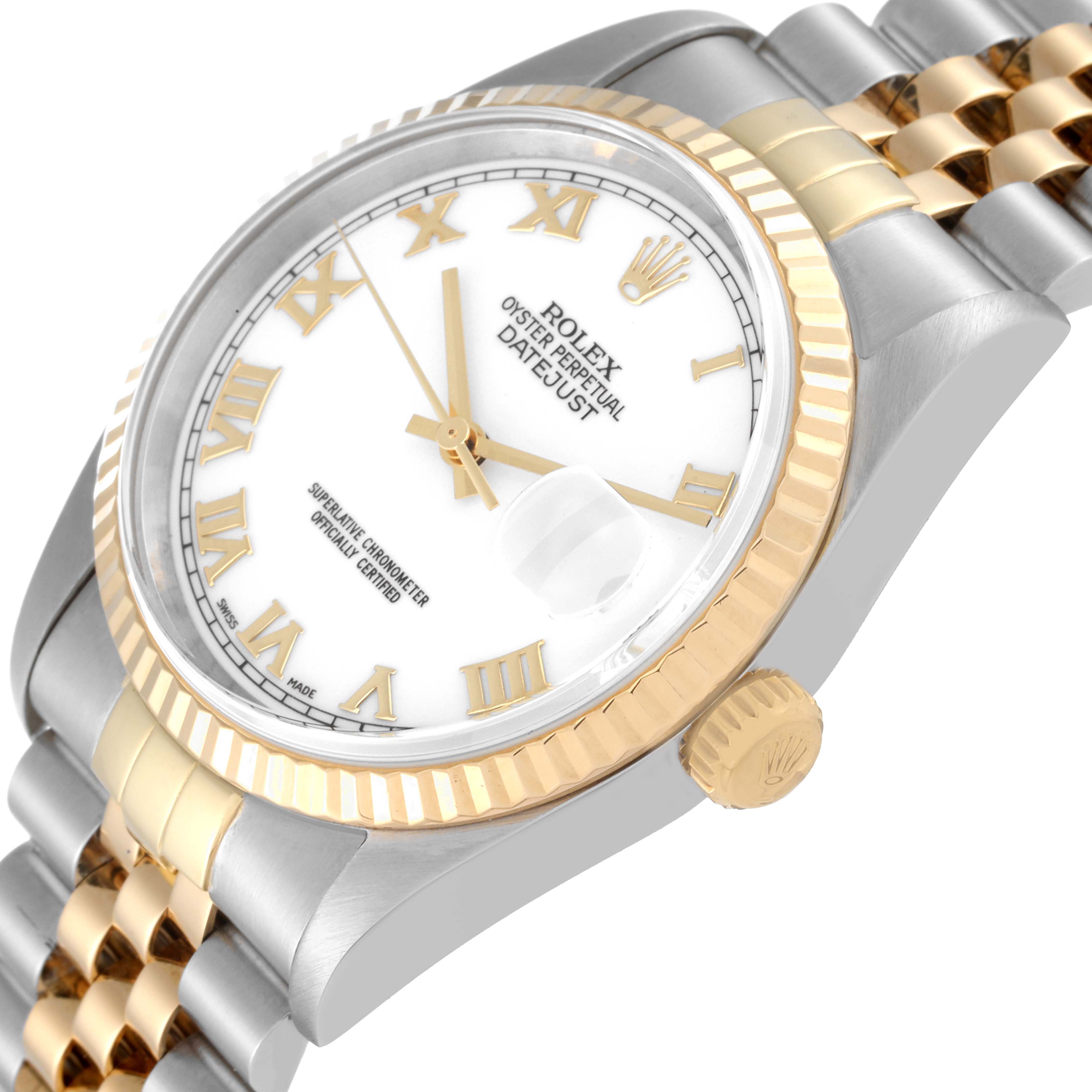 This image shows a close-up angled view of a Rolex Datejust 16233 Men's Steel and Gold (two tone) White Dial 16233 Men's Steel and Gold (two tone) White Dial watch, highlighting its bezel, crown, dial, and part of the bracelet.