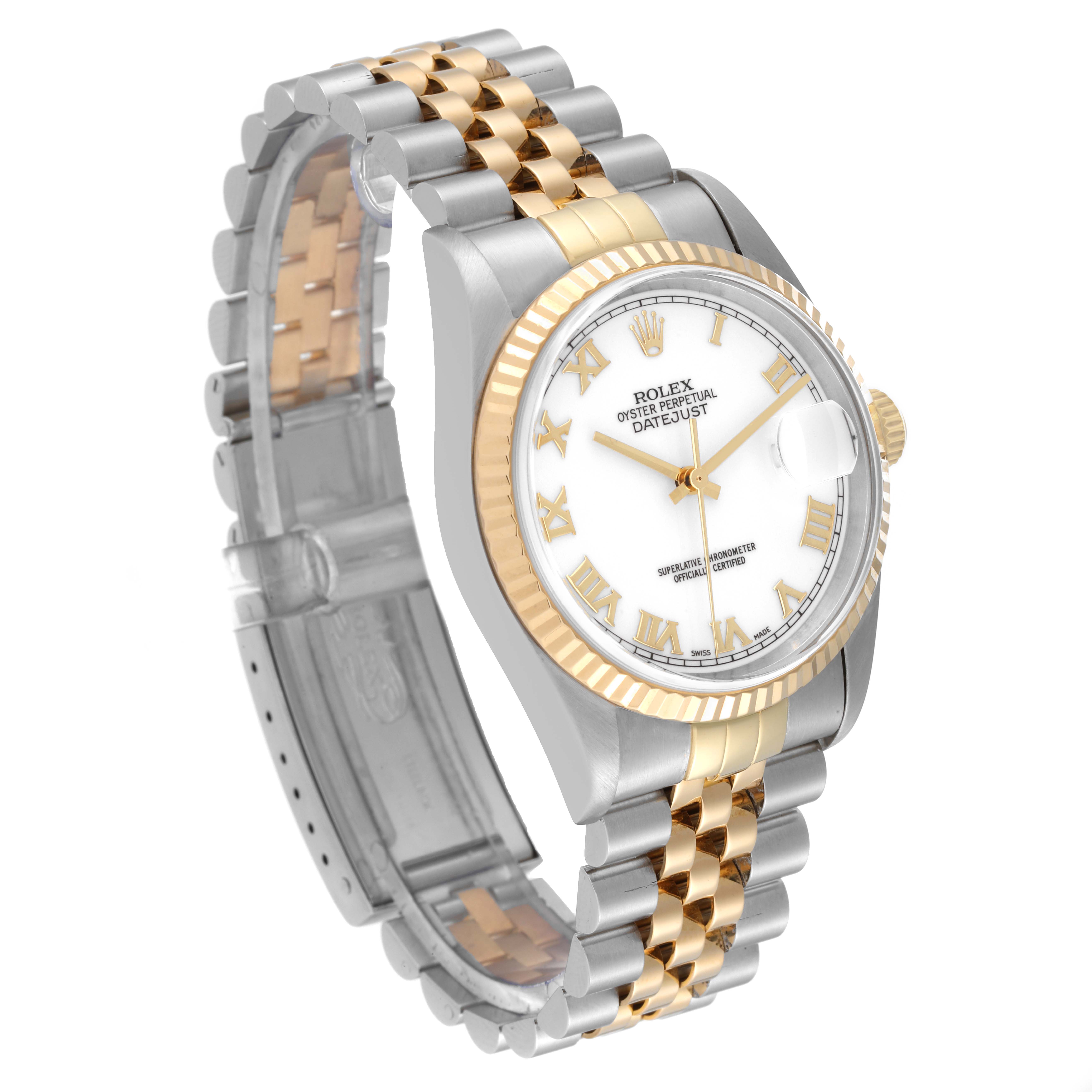 The Rolex Datejust 16233 Men's Steel and Gold (two tone) White Dial 16233 Men's Steel and Gold (two tone) White Dial watch is shown at a three-quarter angle, highlighting the dial, bezel, and the two-tone bracelet.