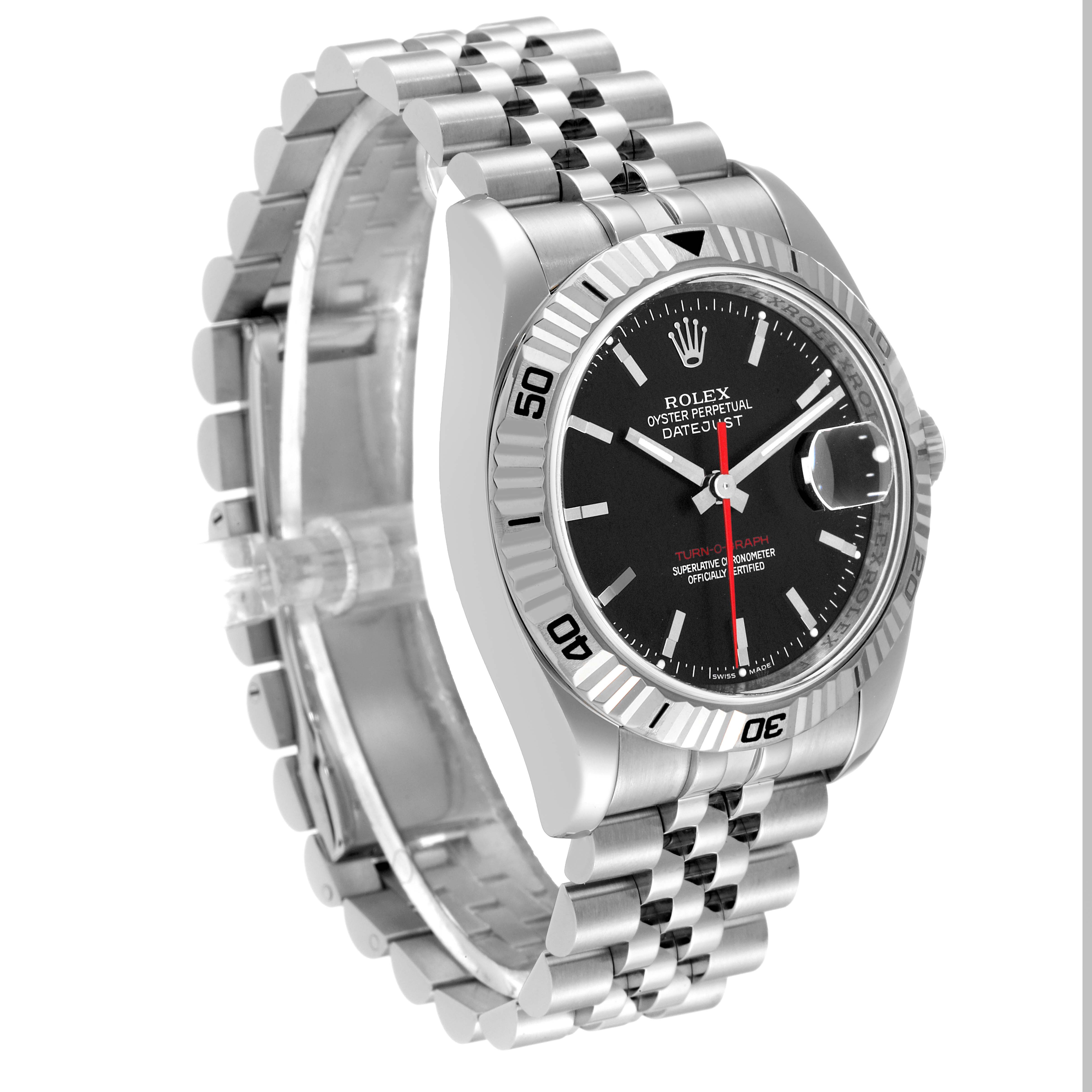 The Rolex Turn-o-Graph 116264 Men
s Stainless Steel Black Dial 116264 Men
s Stainless Steel Black Dial watch is shown at a 3/4 angle, highlighting its black dial, fluted bezel, and Jubilee bracelet.