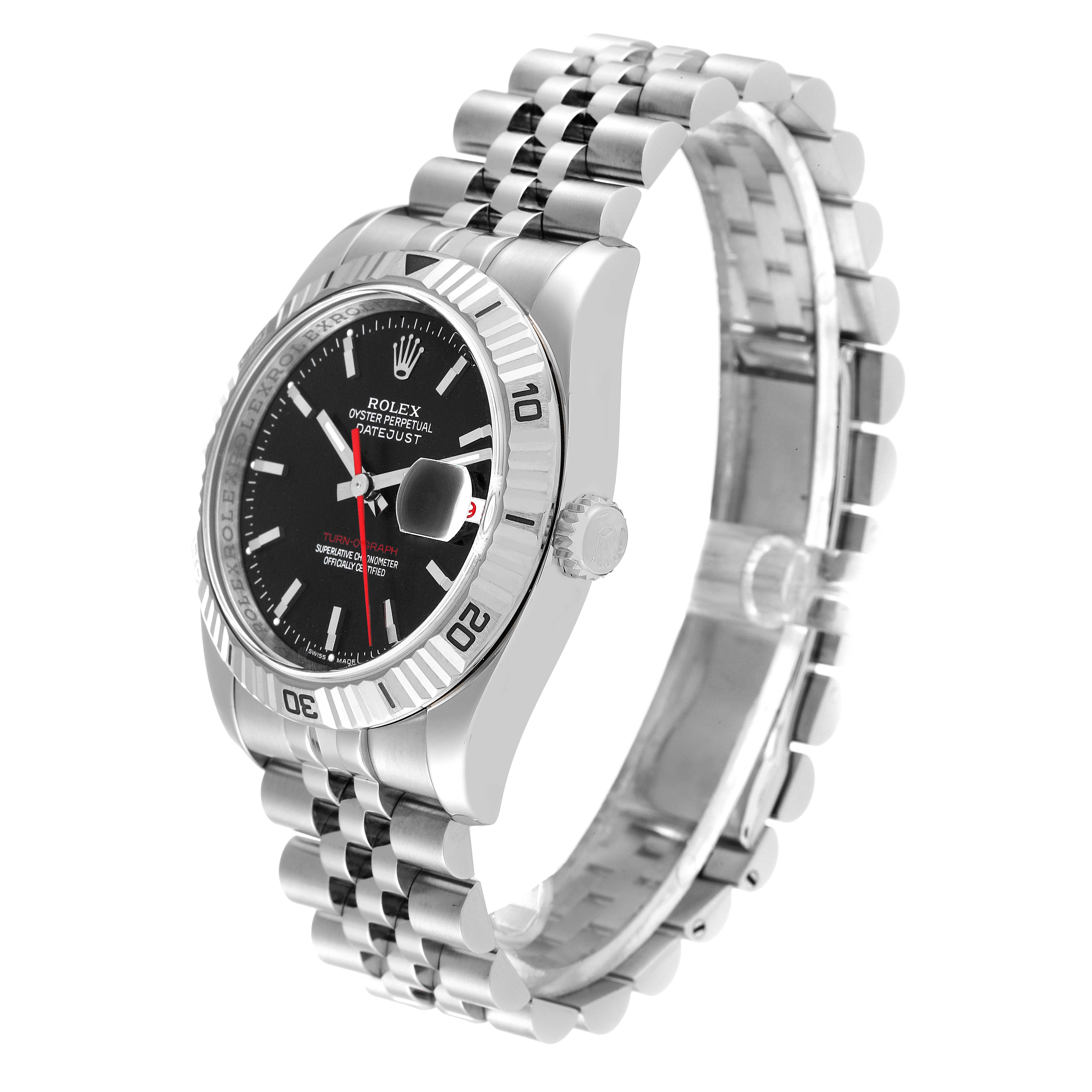 This image shows a side angle view of a Rolex Turn-o-Graph 116264 Men
s Stainless Steel Black Dial 116264 Men
s Stainless Steel Black Dial watch, highlighting its face, bezel, crown, and bracelet.