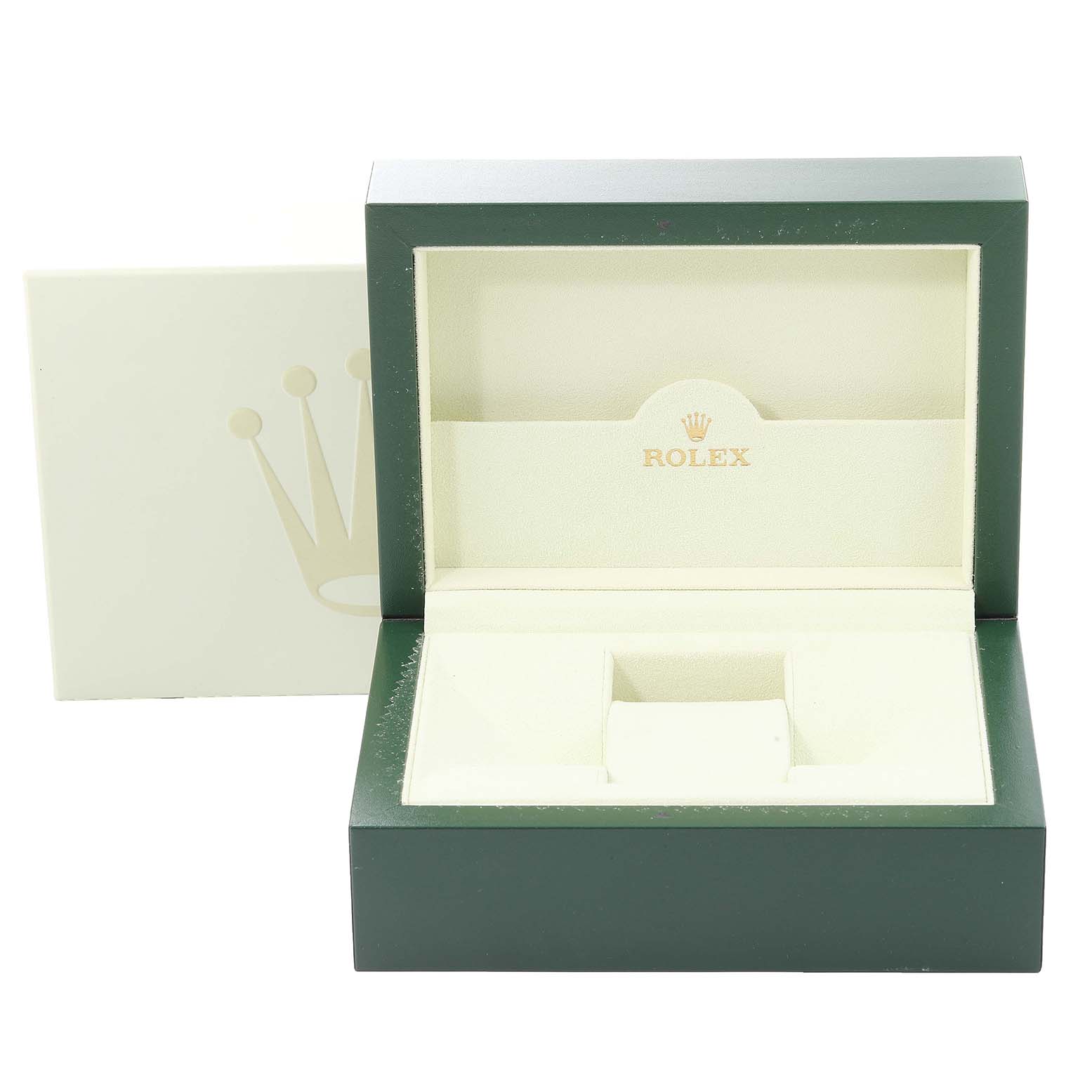 The image shows an open Rolex watch box, suitable for the Turn-o-Graph model, with a green exterior and beige interior pad.