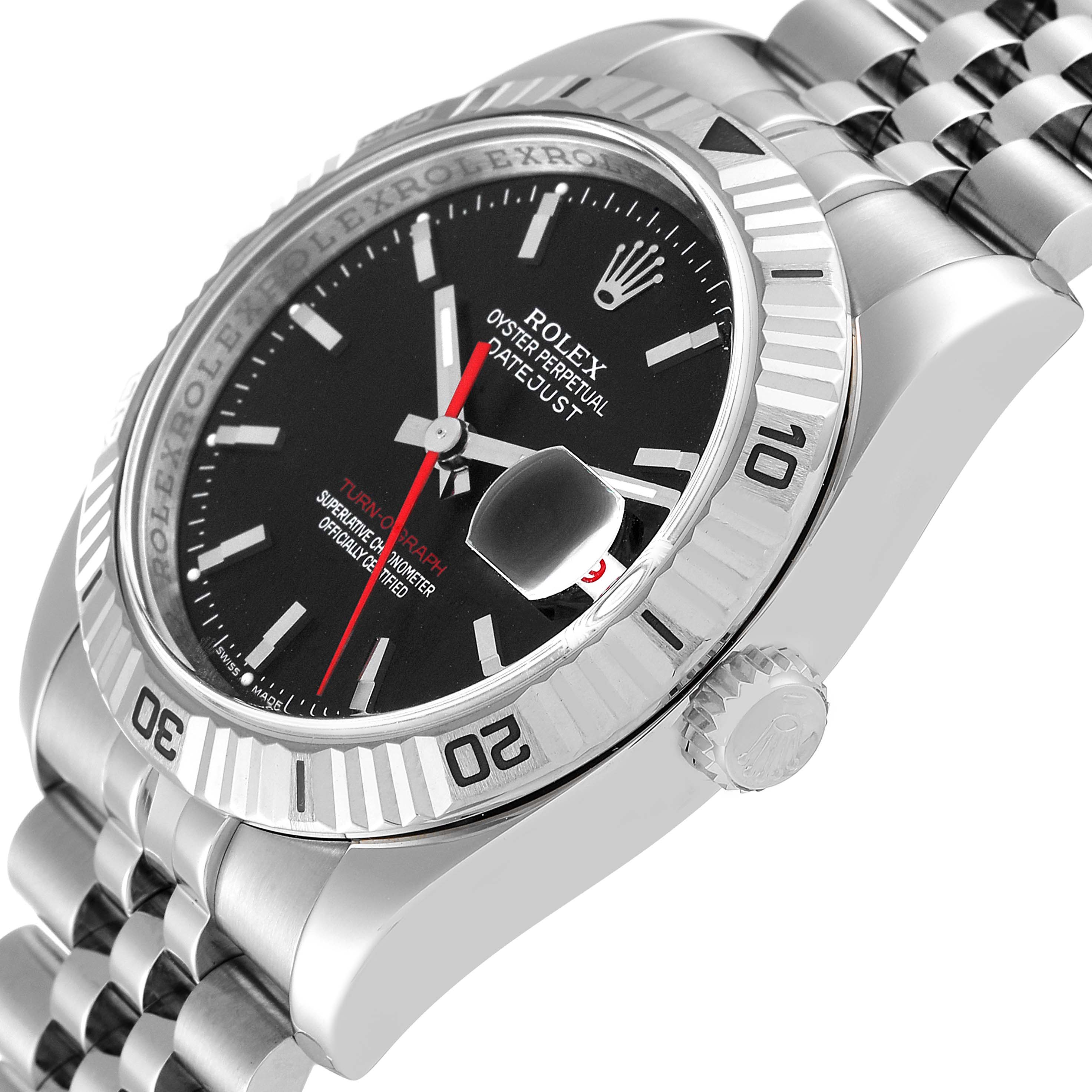 The image shows a Rolex Turn-o-Graph 116264 Men
s Stainless Steel Black Dial 116264 Men
s Stainless Steel Black Dial watch from an angled view, highlighting the dial, bezel, bracelet, and crown.