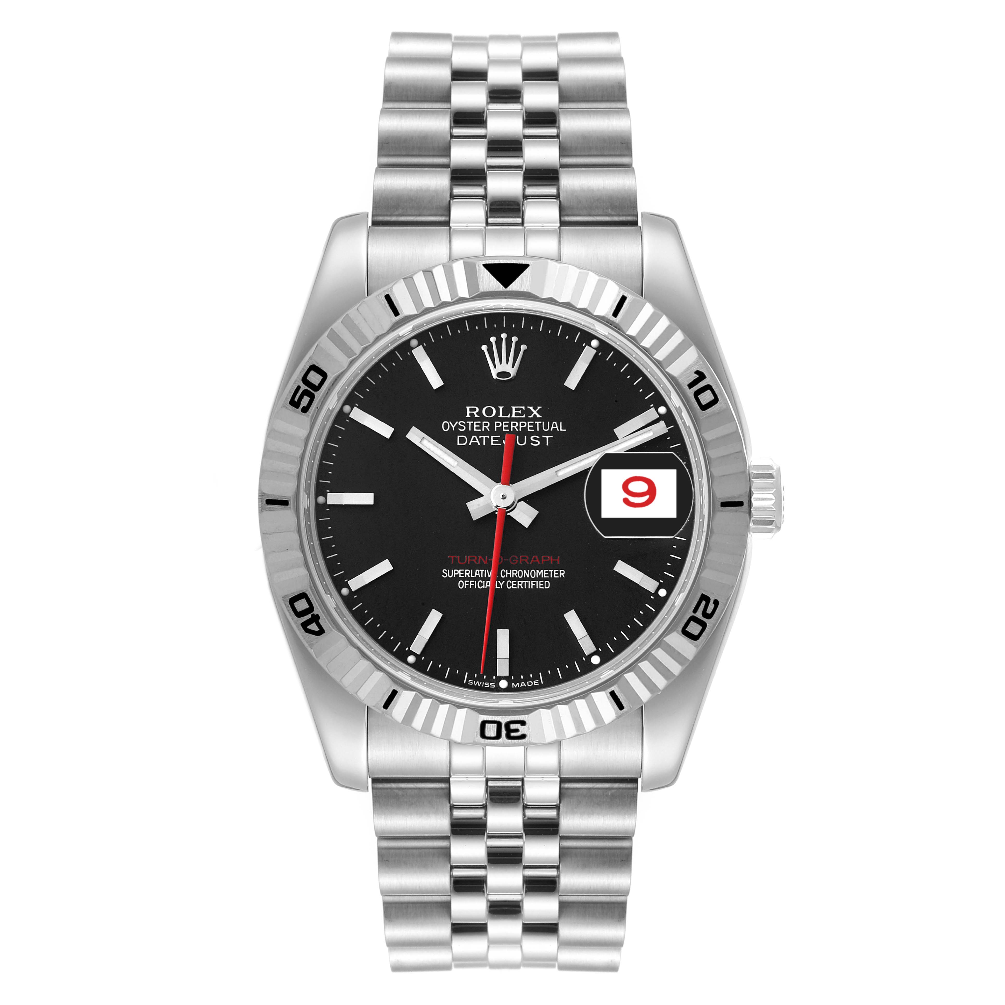 The Rolex Turn-o-Graph 116264 Men
s Stainless Steel Black Dial 116264 Men
s Stainless Steel Black Dial watch is shown from a front angle, displaying its black dial, date window, and steel bracelet.
