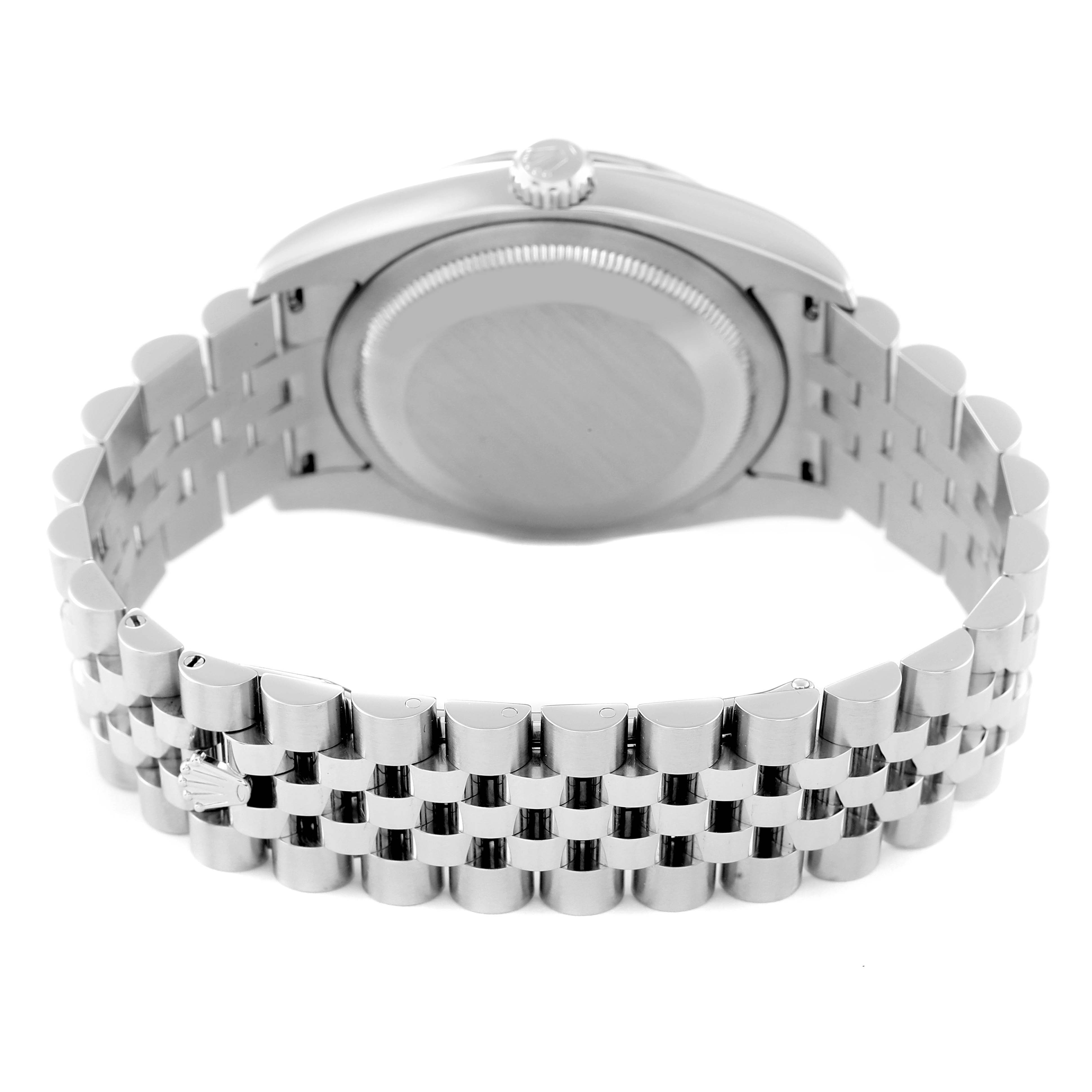 The image shows the back view of a Rolex Turn-o-Graph 116264 Men
s Stainless Steel Black Dial 116264 Men
s Stainless Steel Black Dial watch, focusing on the case back and the bracelet.