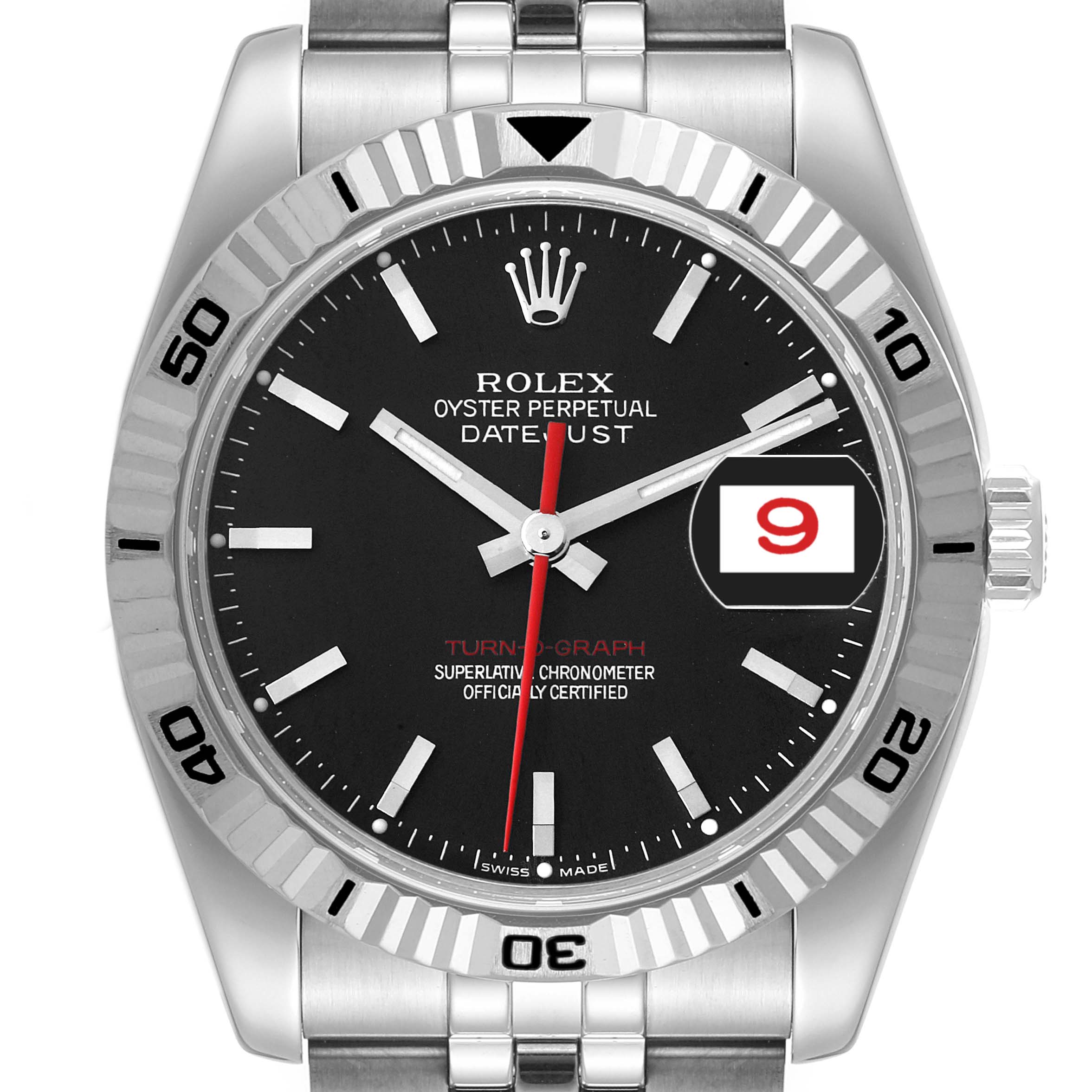 The image shows a front view of the Rolex Turn-o-Graph 116264 Men
s Stainless Steel Black Dial 116264 Men
s Stainless Steel Black Dial watch, featuring its dial, bezel, hands, date window, and bracelet.