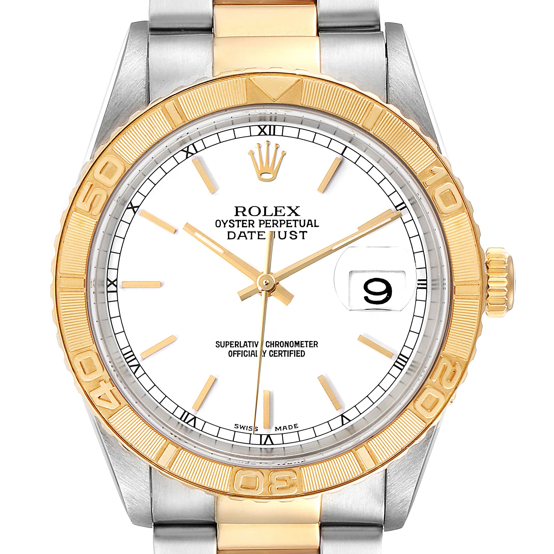 This is a close-up view of a Rolex Turn-o-Graph 16263 Men
s Steel and Gold (two tone) White Dial 16263 Men
s Steel and Gold (two tone) White Dial watch face and bezel, showing the bracelet, crown, and date window.