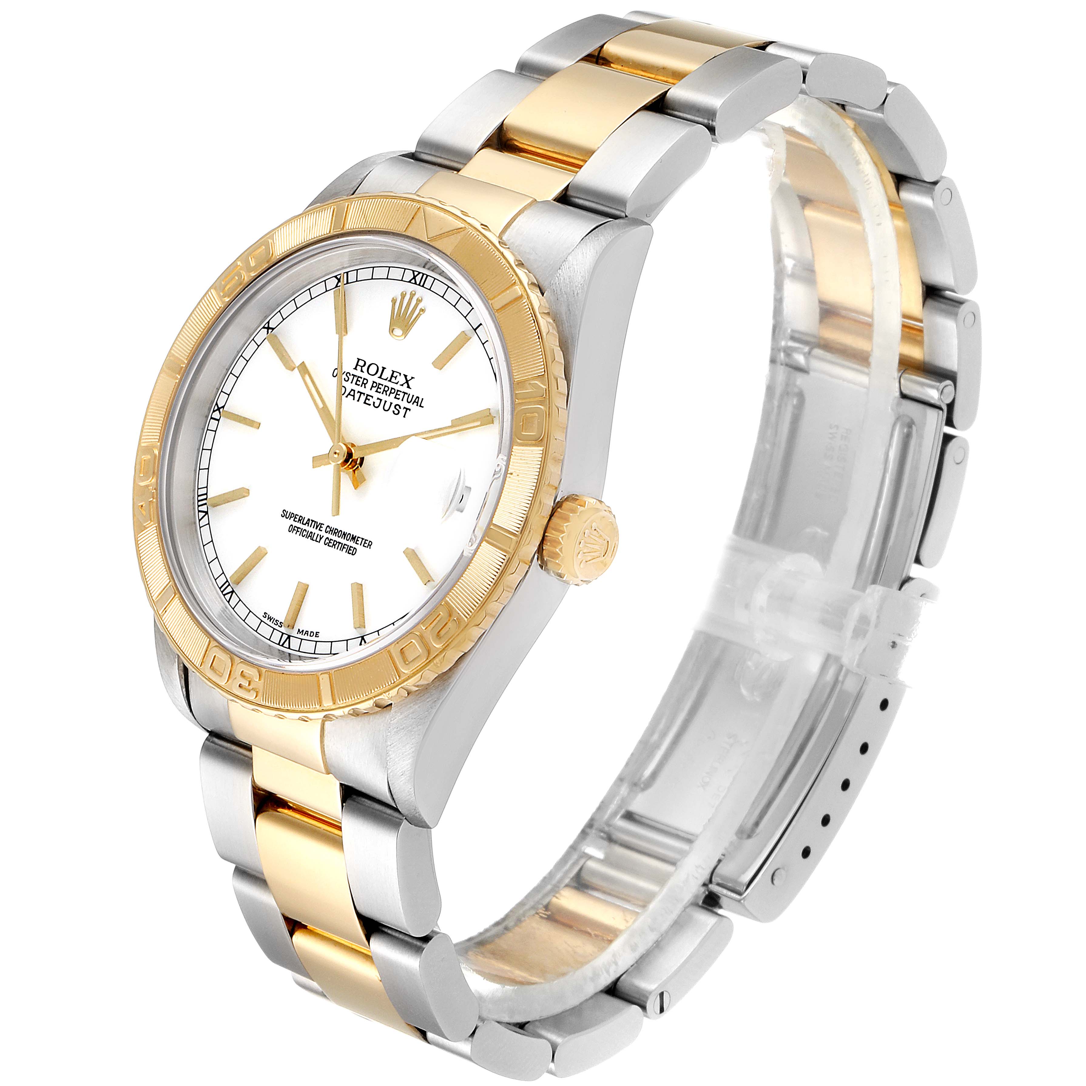 This image shows a Rolex Turn-o-Graph 16263 Men
s Steel and Gold (two tone) White Dial 16263 Men
s Steel and Gold (two tone) White Dial watch at a 3/4 angle, highlighting its dial, bezel, and two-tone bracelet.