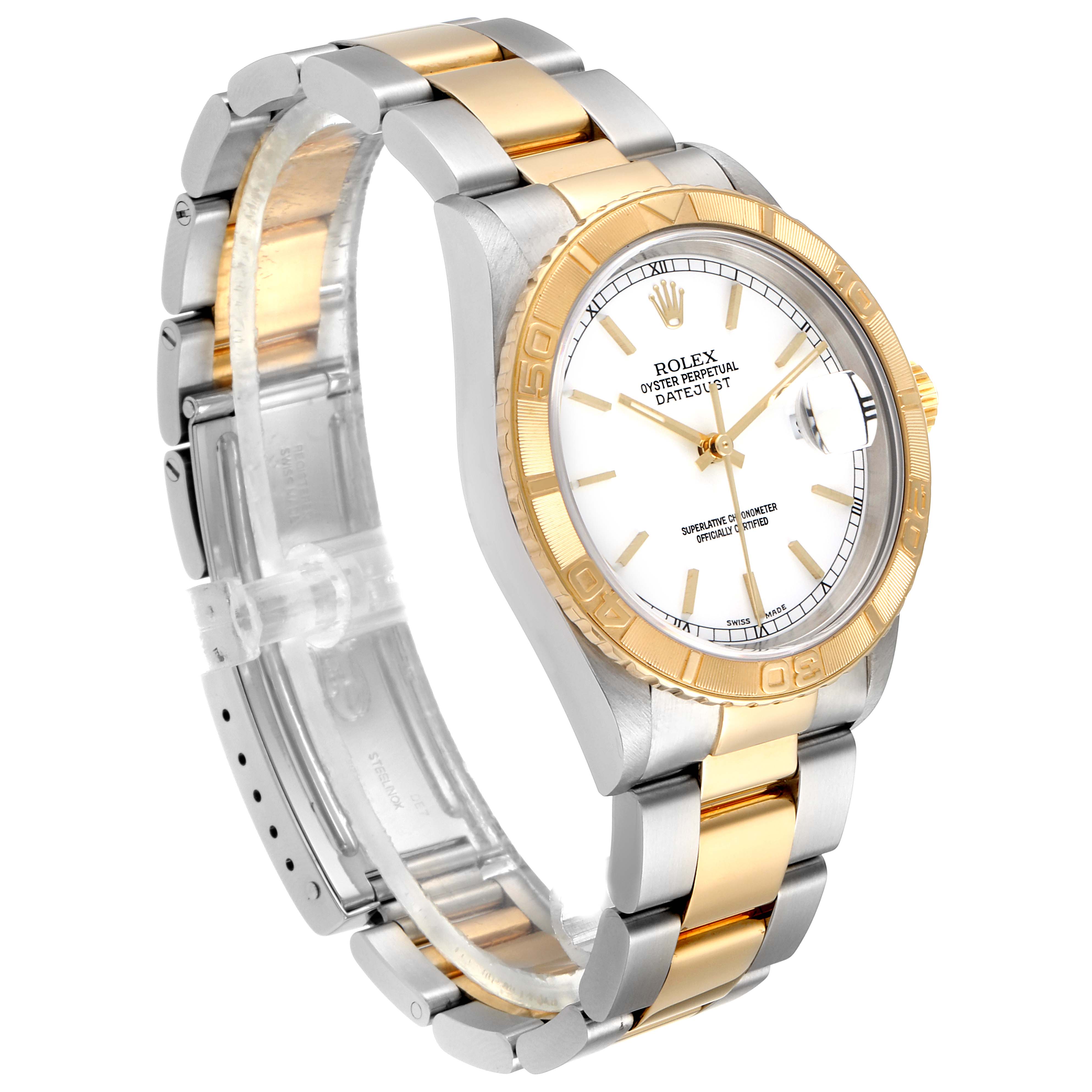 The image shows an angled view of a Rolex Turn-o-Graph 16263 Men
s Steel and Gold (two tone) White Dial 16263 Men
s Steel and Gold (two tone) White Dial watch, highlighting the bezel, face, and two-tone bracelet.