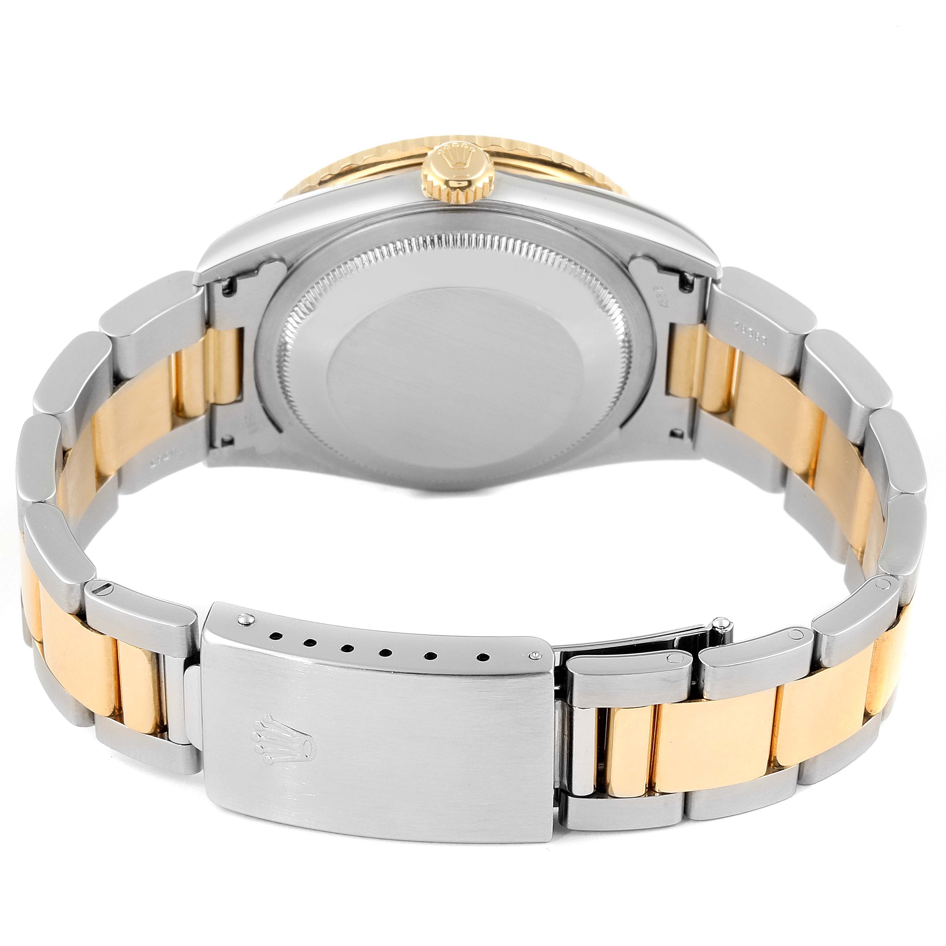 The image shows the back case and bracelet of a Rolex Turn-o-Graph 16263 Men
s Steel and Gold (two tone) White Dial 16263 Men
s Steel and Gold (two tone) White Dial watch, viewed from the underside.