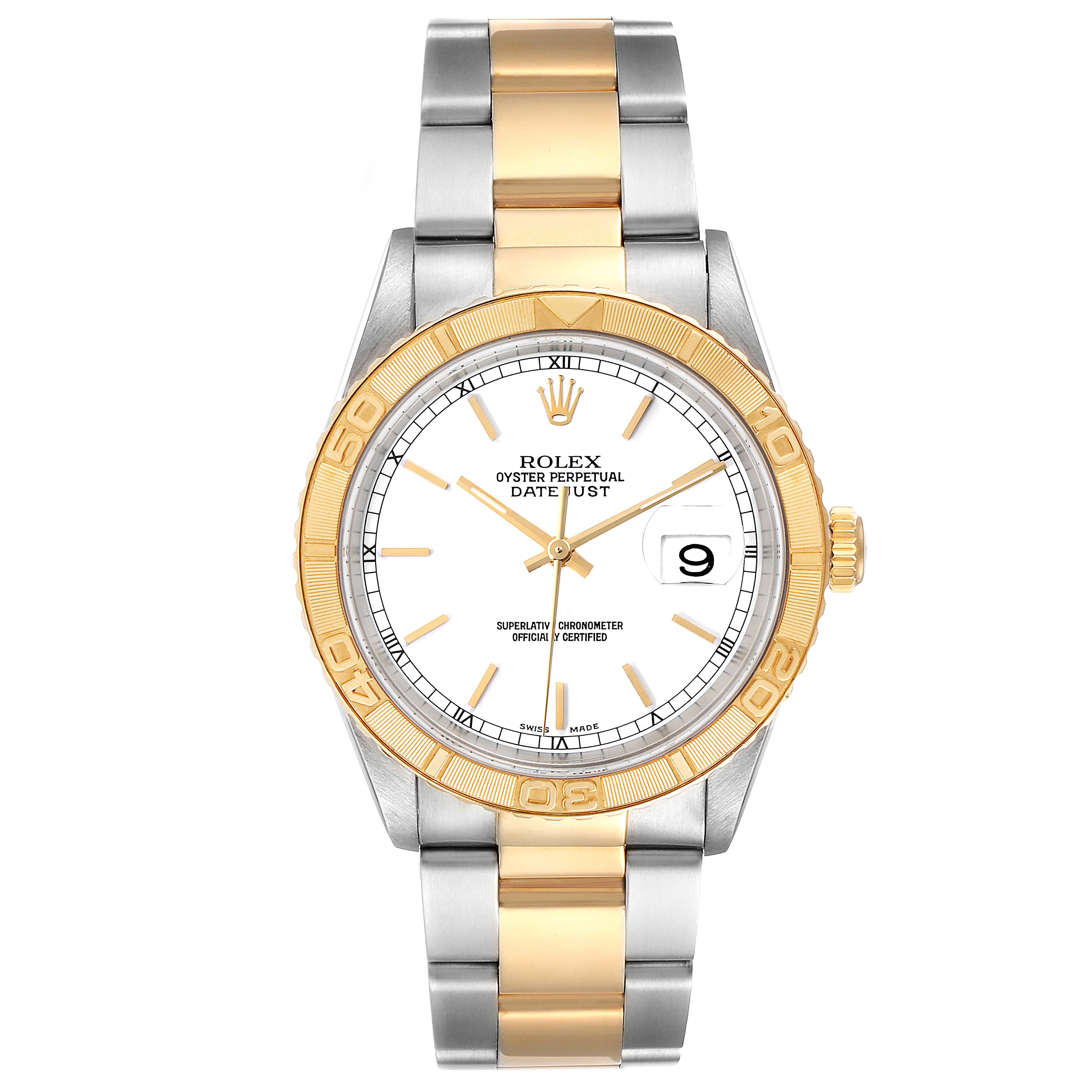 This Rolex Turn-o-Graph 16263 Men
s Steel and Gold (two tone) White Dial 16263 Men
s Steel and Gold (two tone) White Dial model is shown from a front angle, displaying its dial, bezel, and bracelet.