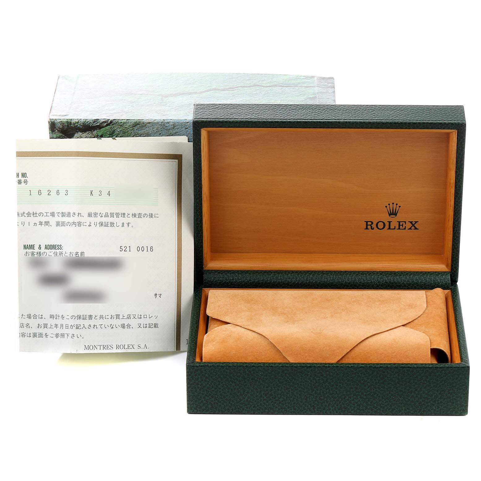 The image shows an open Rolex Turn-o-Graph 16263 Men
s Steel and Gold (two tone) White Dial 16263 Men
s Steel and Gold (two tone) White Dial watch box, leather pouch, and documentation set from above.