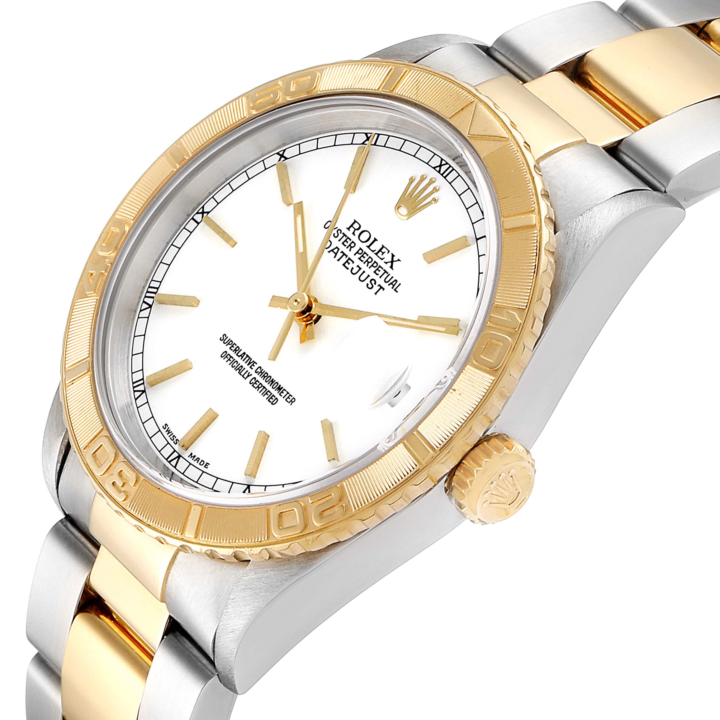 This image shows a close-up view of the Rolex Turn-o-Graph 16263 Men
s Steel and Gold (two tone) White Dial 16263 Men
s Steel and Gold (two tone) White Dial watch, featuring the dial, bezel, crown, and part of the bracelet.