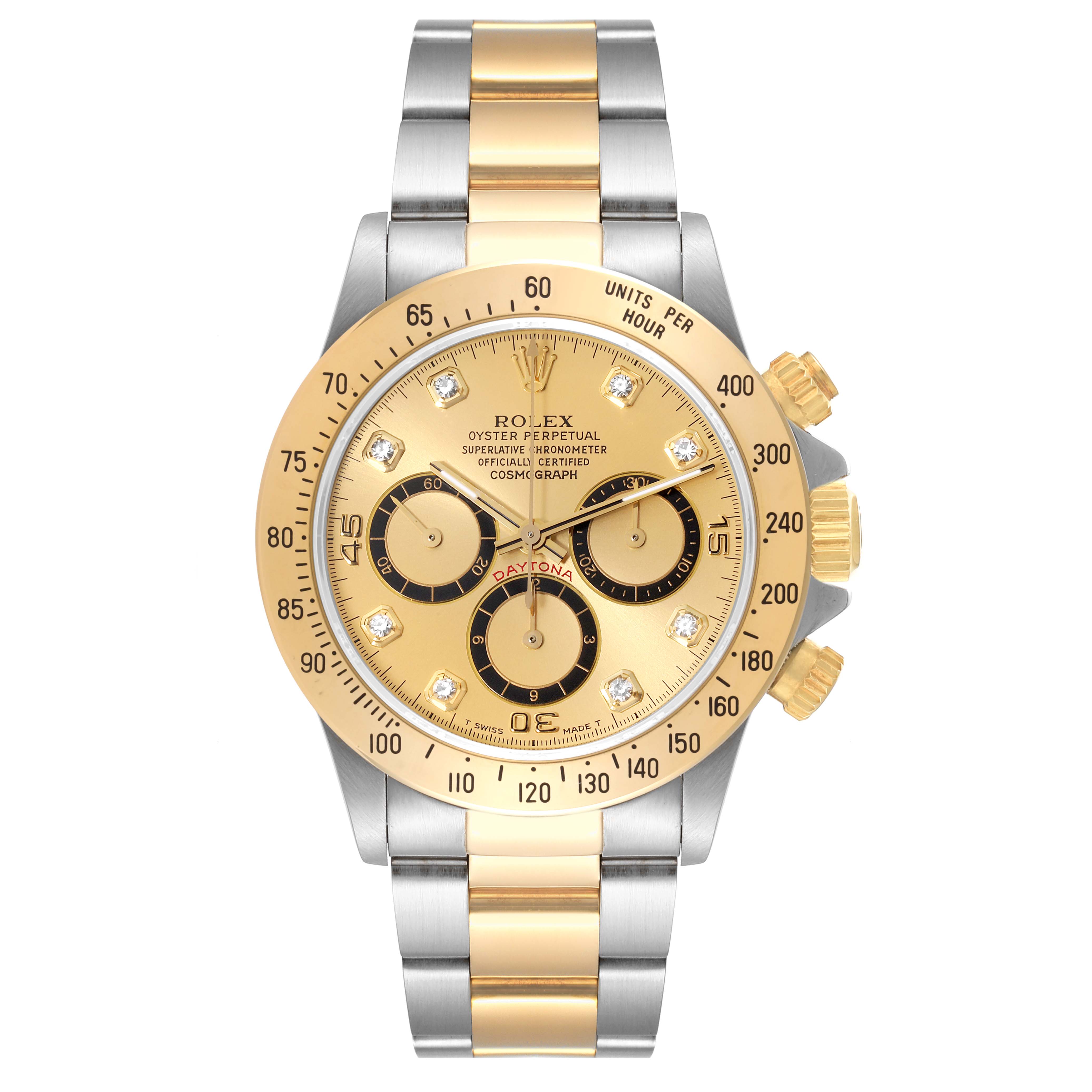 The image shows a Rolex Daytona 16523 Men's Steel and Gold (two tone) Champagne Dial 16523 Men's Steel and Gold (two tone) Champagne Dial watch front view, featuring a gold and silver bracelet and a gold dial with three subdials.