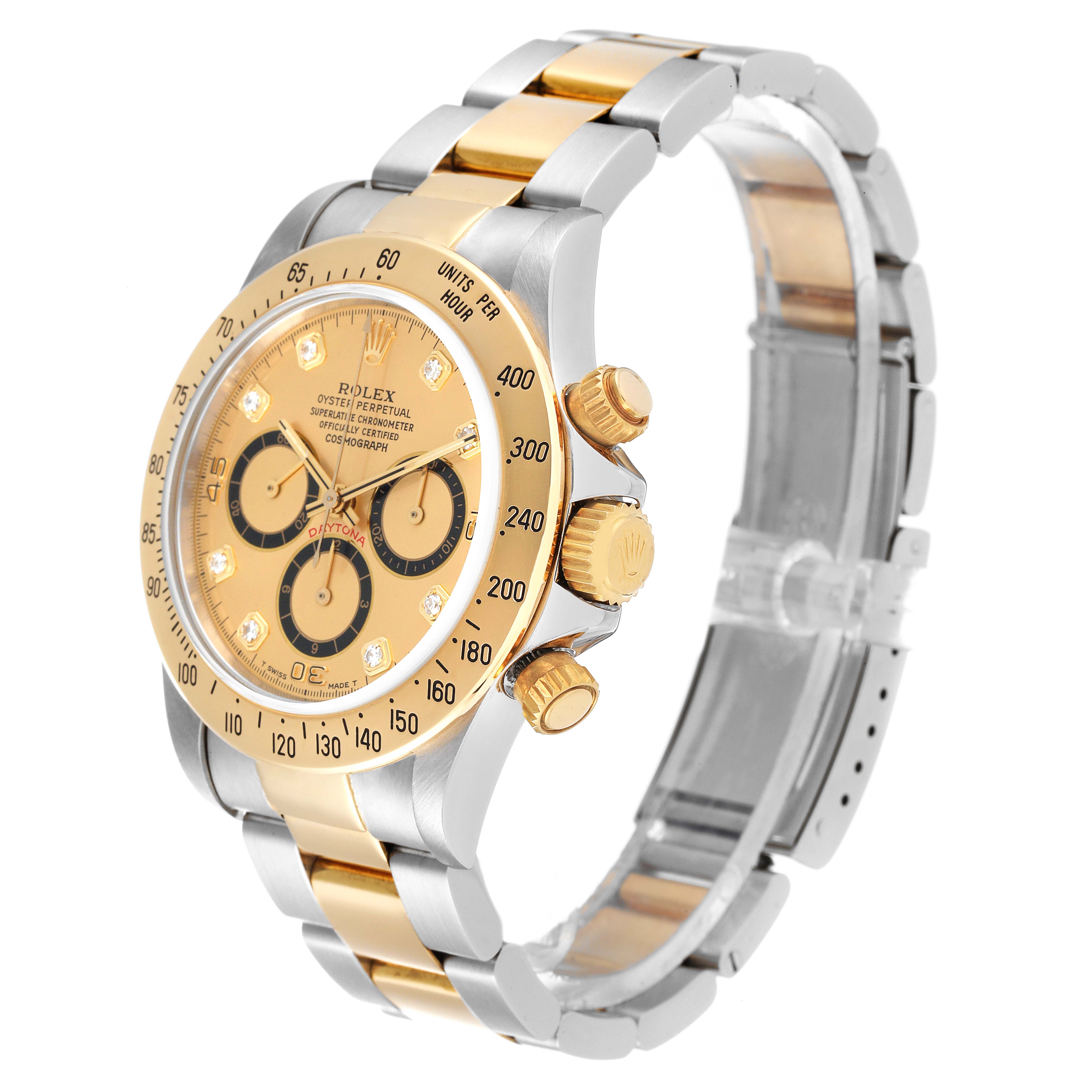 This image shows a Rolex Daytona 16523 Men's Steel and Gold (two tone) Champagne Dial 16523 Men's Steel and Gold (two tone) Champagne Dial watch at a slight angle, highlighting its dial, bezel, crown, and two-tone bracelet.