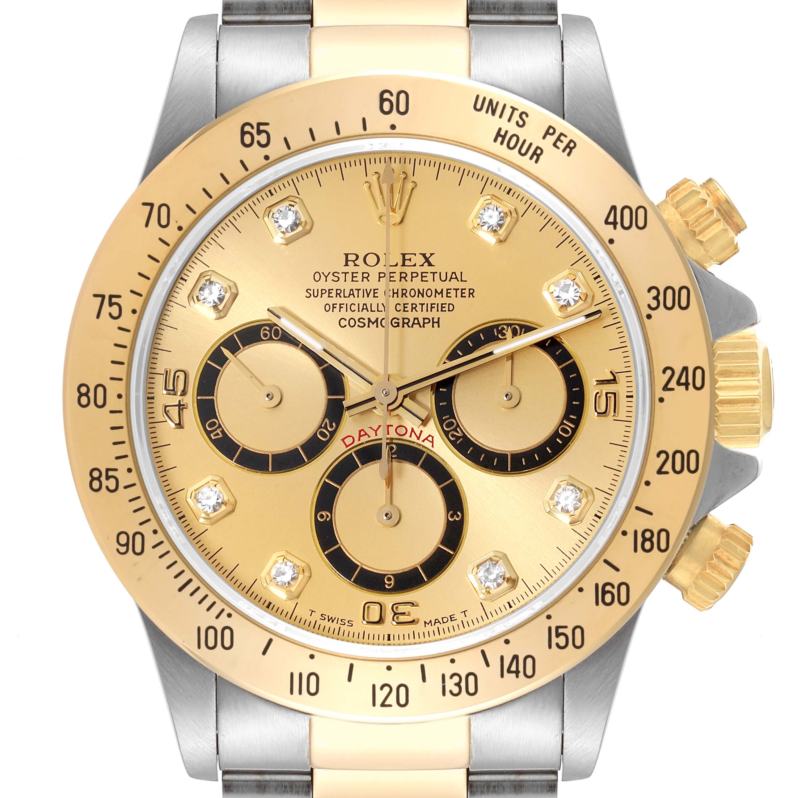 This Rolex Daytona 16523 Men's Steel and Gold (two tone) Champagne Dial 16523 Men's Steel and Gold (two tone) Champagne Dial watch is shown from the front, including the bezel, dial, hands, subdials, and bracelet.