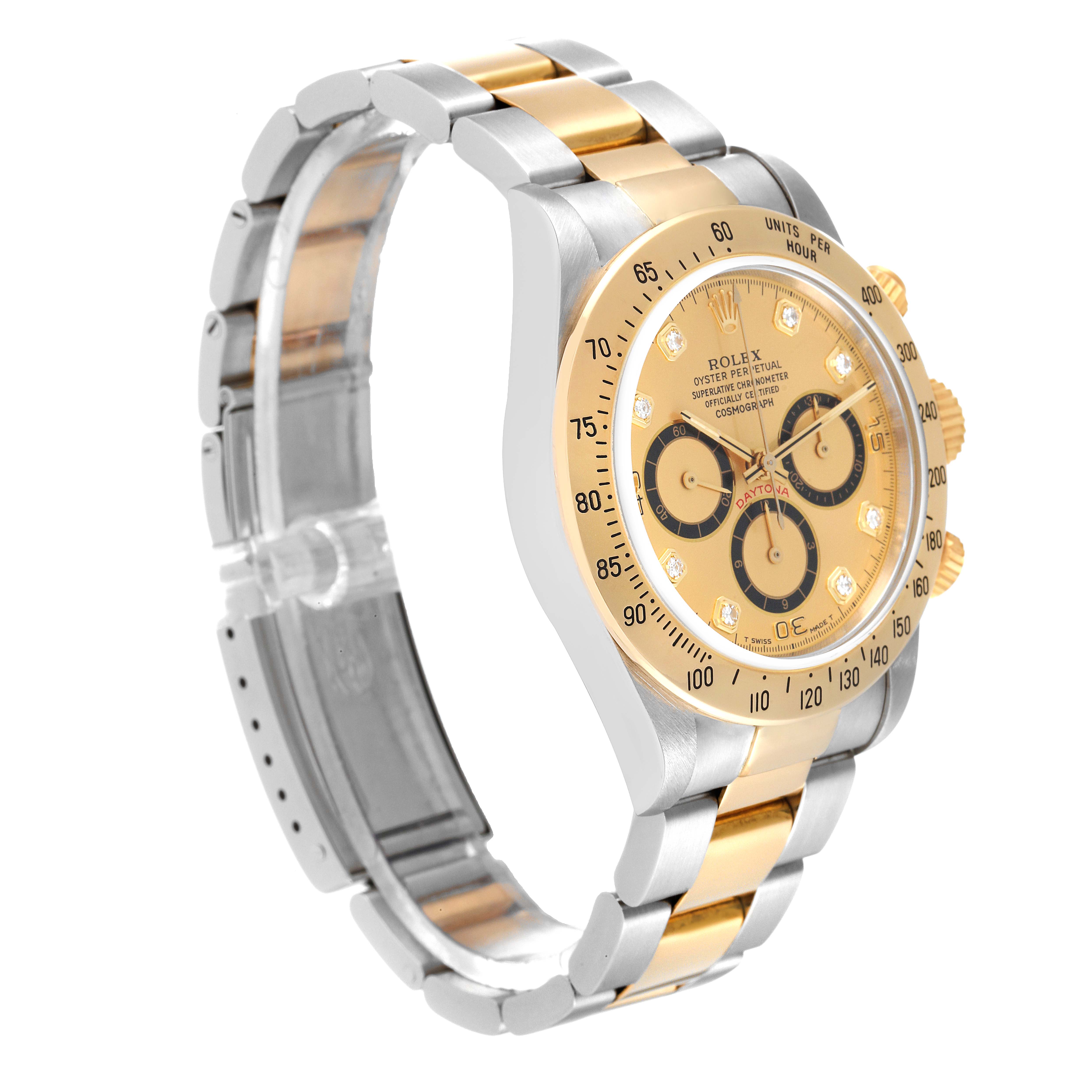 This image shows a Rolex Daytona 16523 Men's Steel and Gold (two tone) Champagne Dial 16523 Men's Steel and Gold (two tone) Champagne Dial watch, highlighting its dial, pushers, and two-tone bracelet from a side angle.