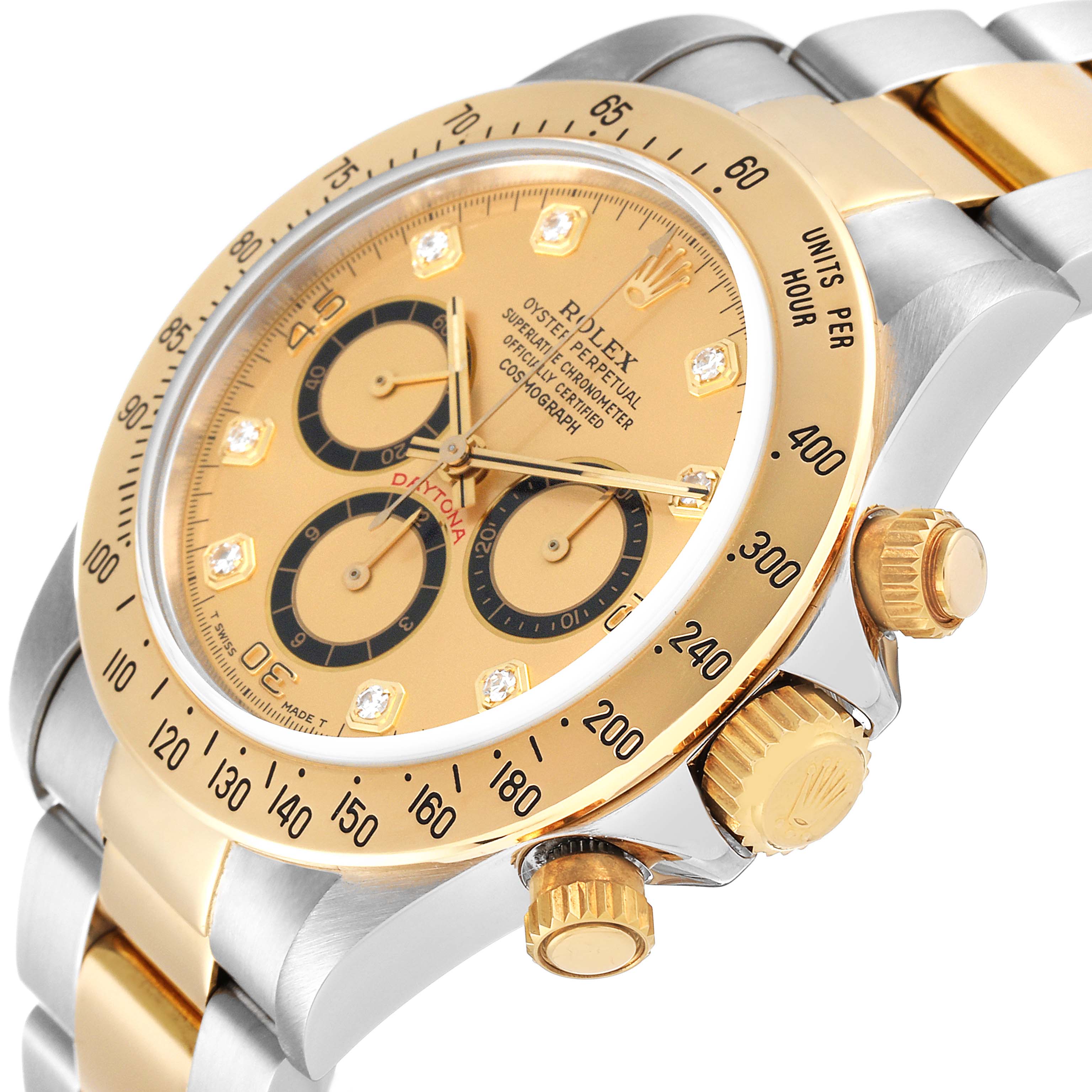 The image shows a close-up angle of the Rolex Daytona 16523 Men's Steel and Gold (two tone) Champagne Dial 16523 Men's Steel and Gold (two tone) Champagne Dial watch, focusing on the dial, bezel, and crown.