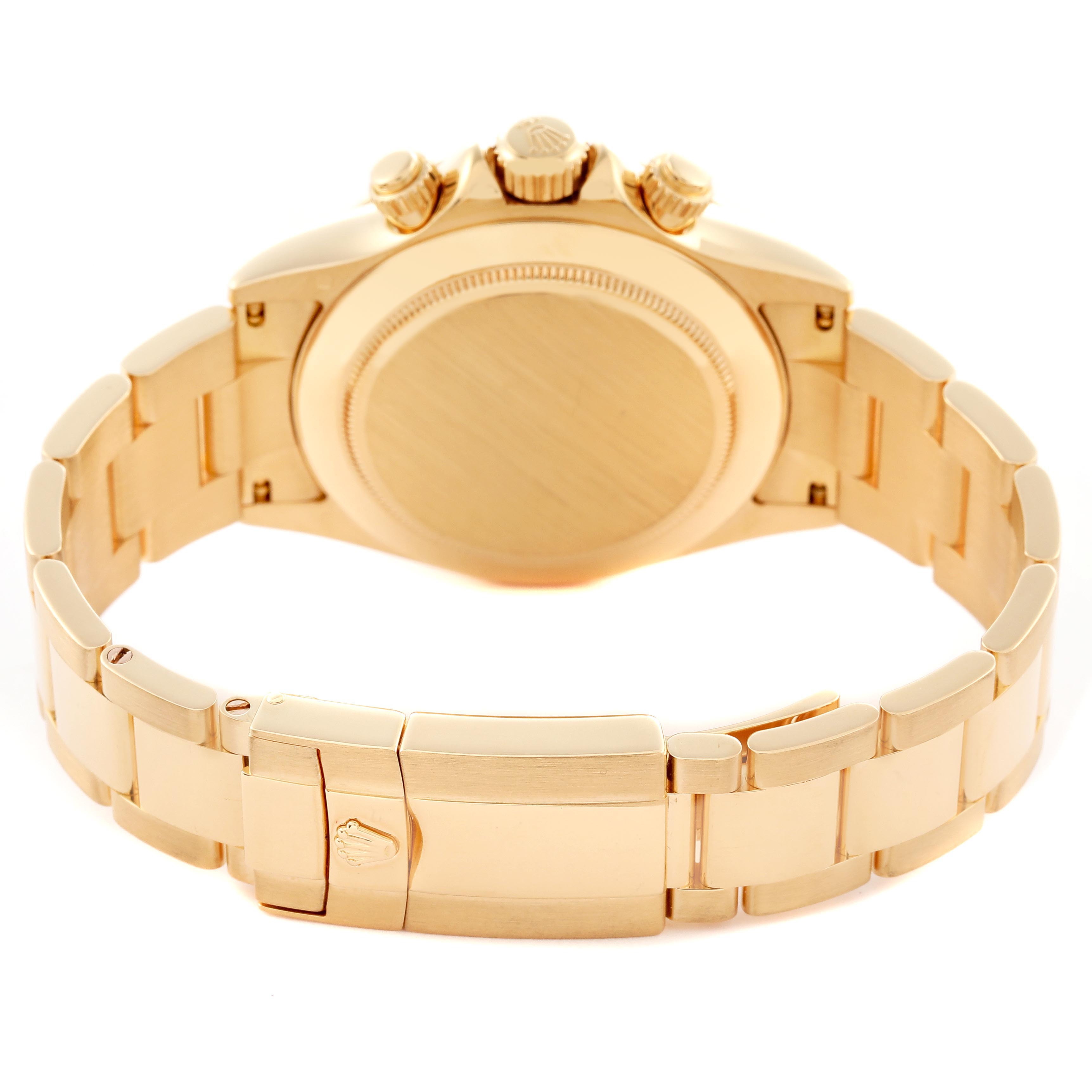 The image shows the back and clasp of a Rolex Daytona 116528 Men's Yellow Gold Mother of Pearl Dial, highlighting the bracelet and case back.