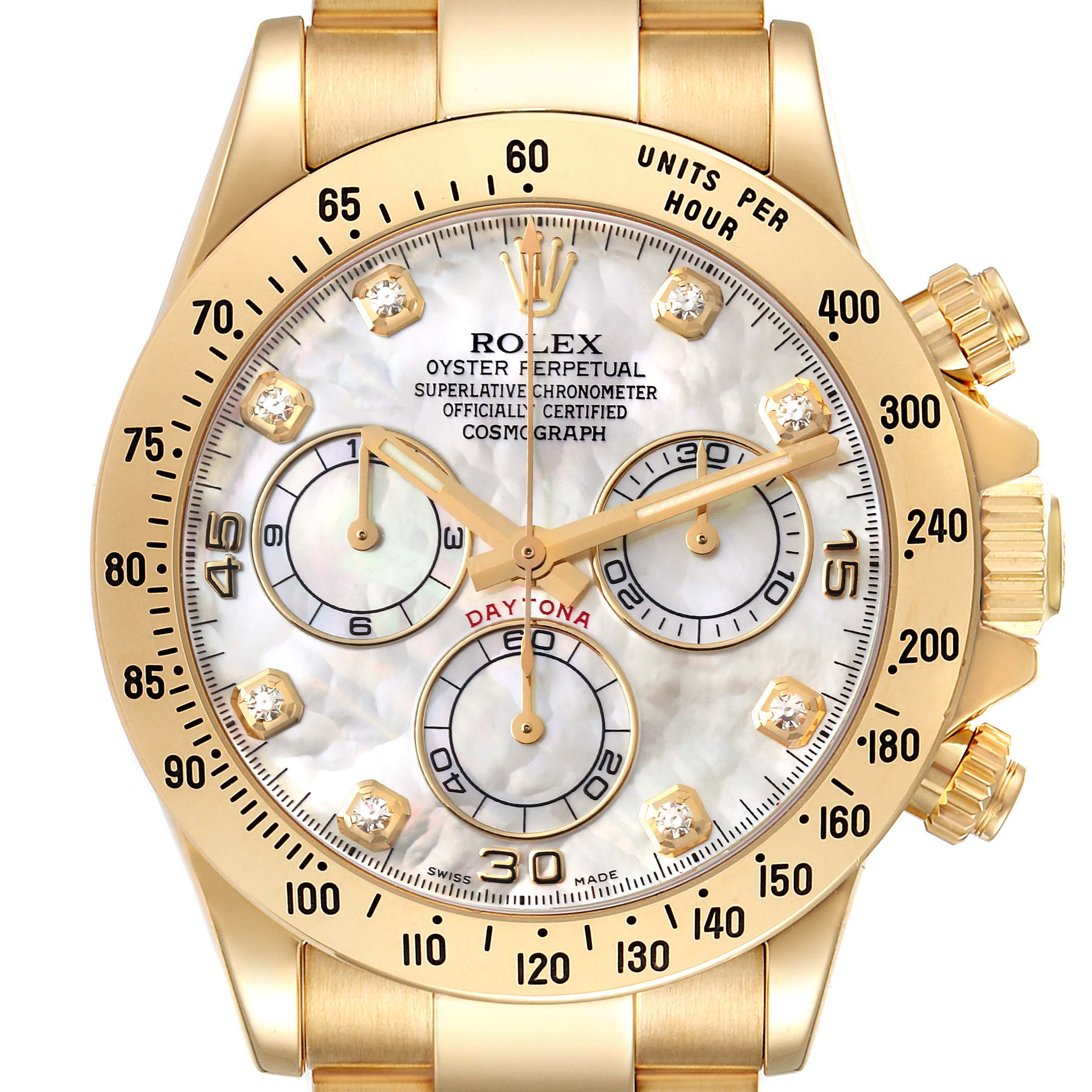 The image shows the face of a Rolex Daytona 116528 Men's Yellow Gold Mother of Pearl Dial watch with a gold bezel, diamond hour markers, and three sub-dials.