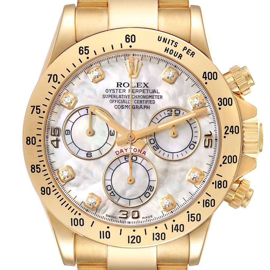 The image shows the face of a Rolex Daytona 116528 Men's Yellow Gold Mother of Pearl Dial watch with a gold bezel, diamond hour markers, and three sub-dials.