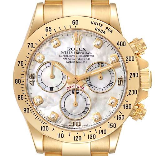 The Rolex Daytona 116528 Men
s Yellow Gold Mother of Pearl Dial is shown from the front, displaying the watch face, dial with sub-dials, and bezel clearly.