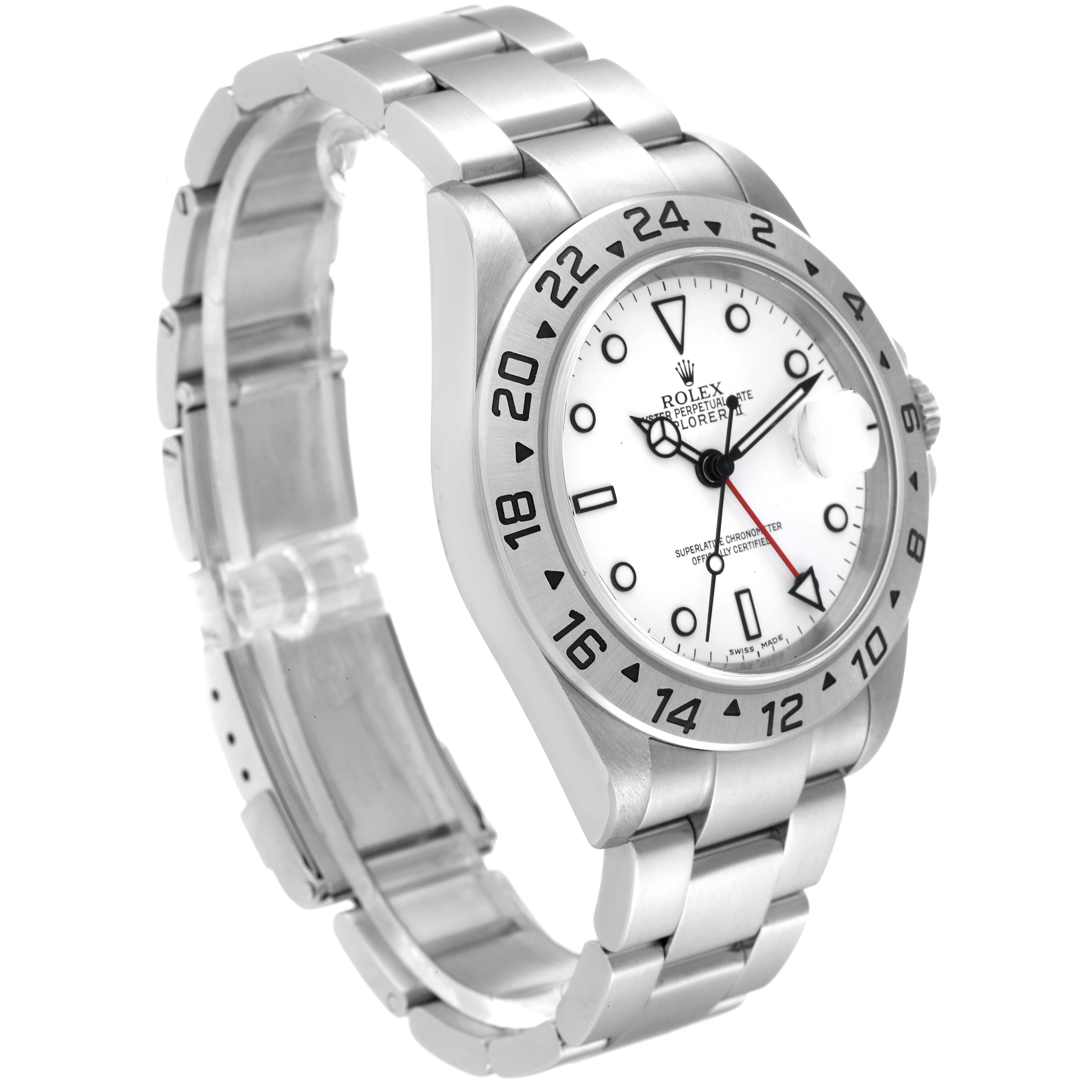 The image shows a side angle of a Rolex Explorer 16570 Men
s Stainless Steel White Dial 16570 Men
s Stainless Steel White Dial watch, displaying its dial, bezel, case, crown, and bracelet.