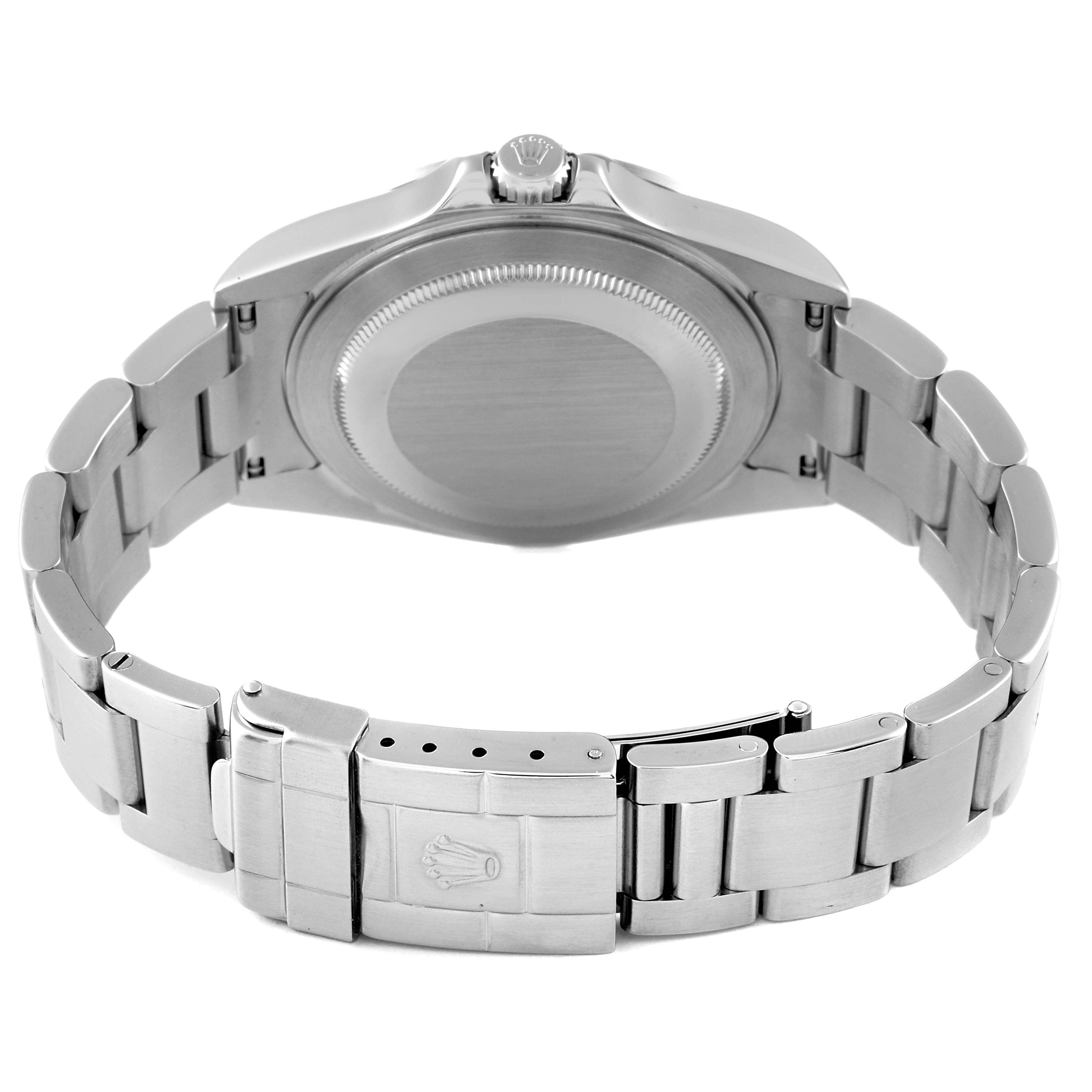The image shows the back view of the Rolex Explorer 16570 Men
s Stainless Steel White Dial 16570 Men
s Stainless Steel White Dial watch, focusing on the case back, bracelet, and clasp.
