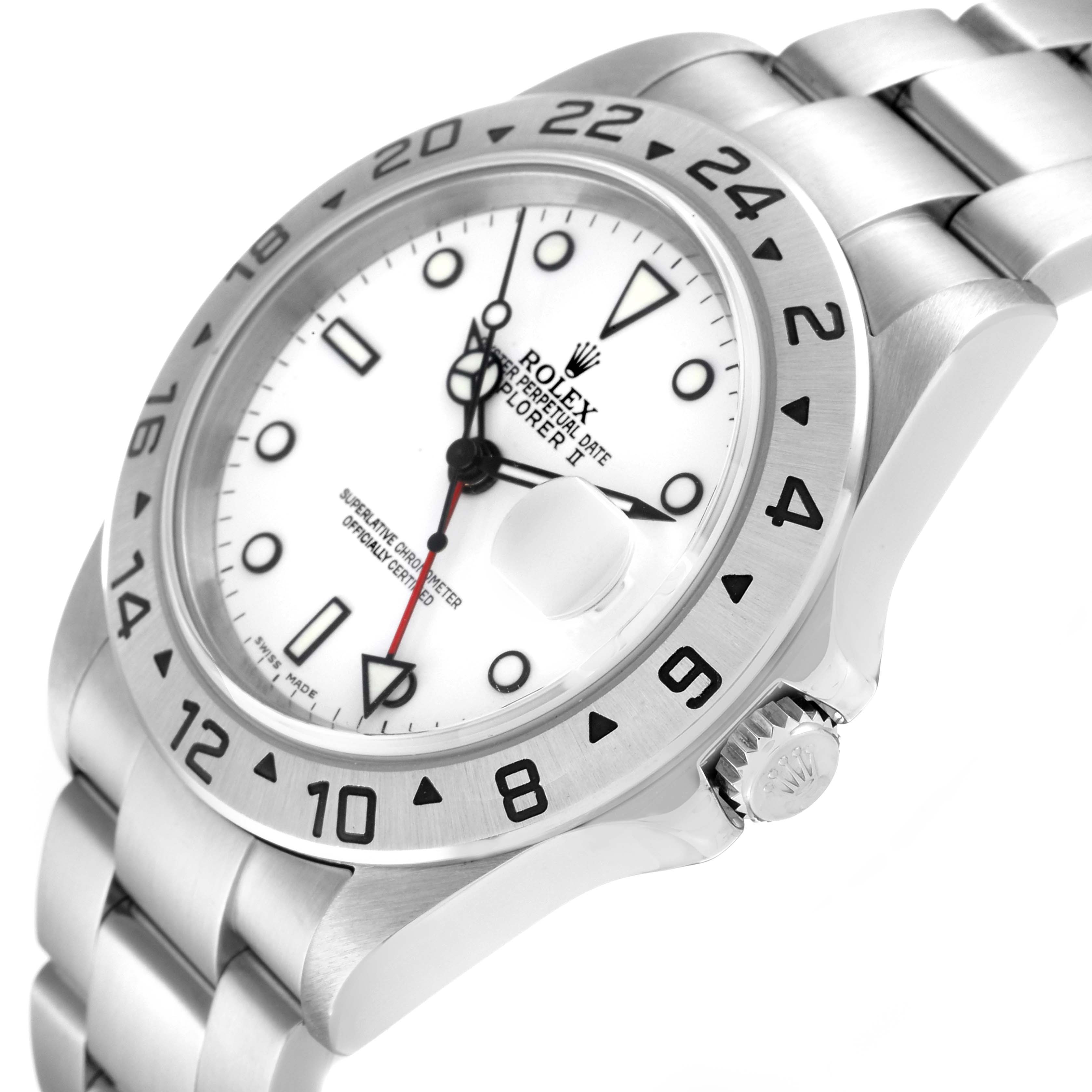 The image shows a Rolex Explorer 16570 Men
s Stainless Steel White Dial 16570 Men
s Stainless Steel White Dial watch at a slight angle, highlighting the crown, dial, and part of the bracelet.