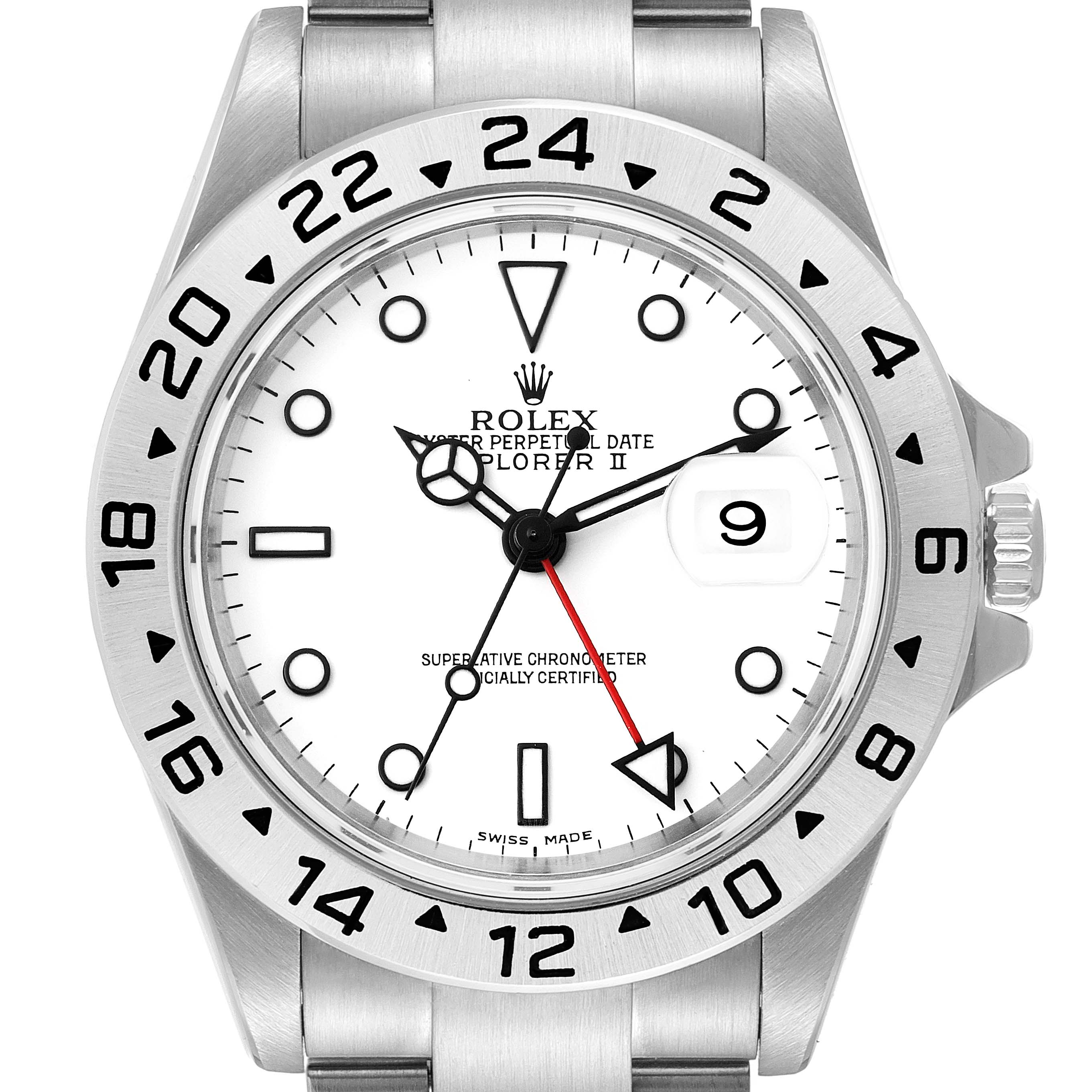 This image shows a frontal view of a Rolex Explorer 16570 Men
s Stainless Steel White Dial 16570 Men
s Stainless Steel White Dial watch, highlighting the dial, bezel, and bracelet.